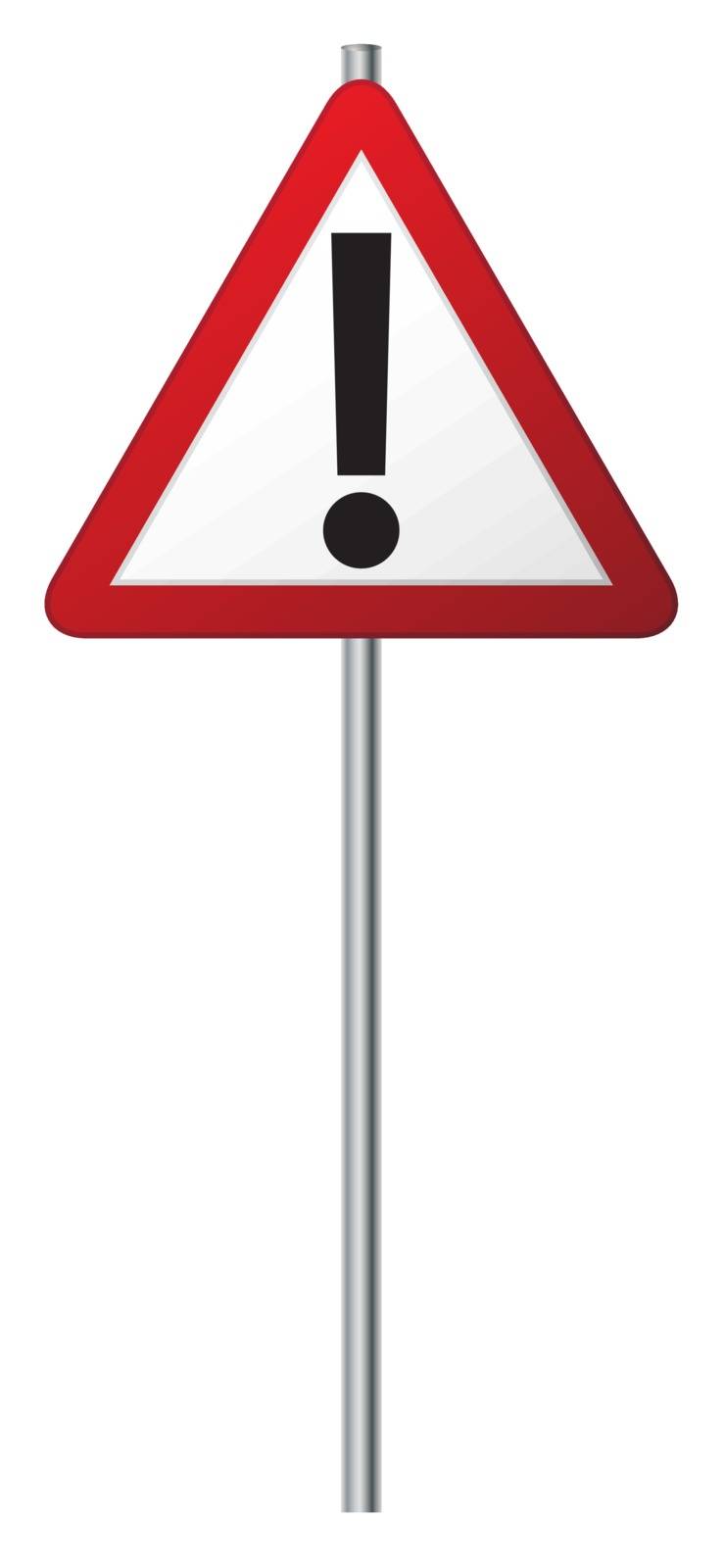 A triangular exclamation mark sign on a pole isolated on a white background