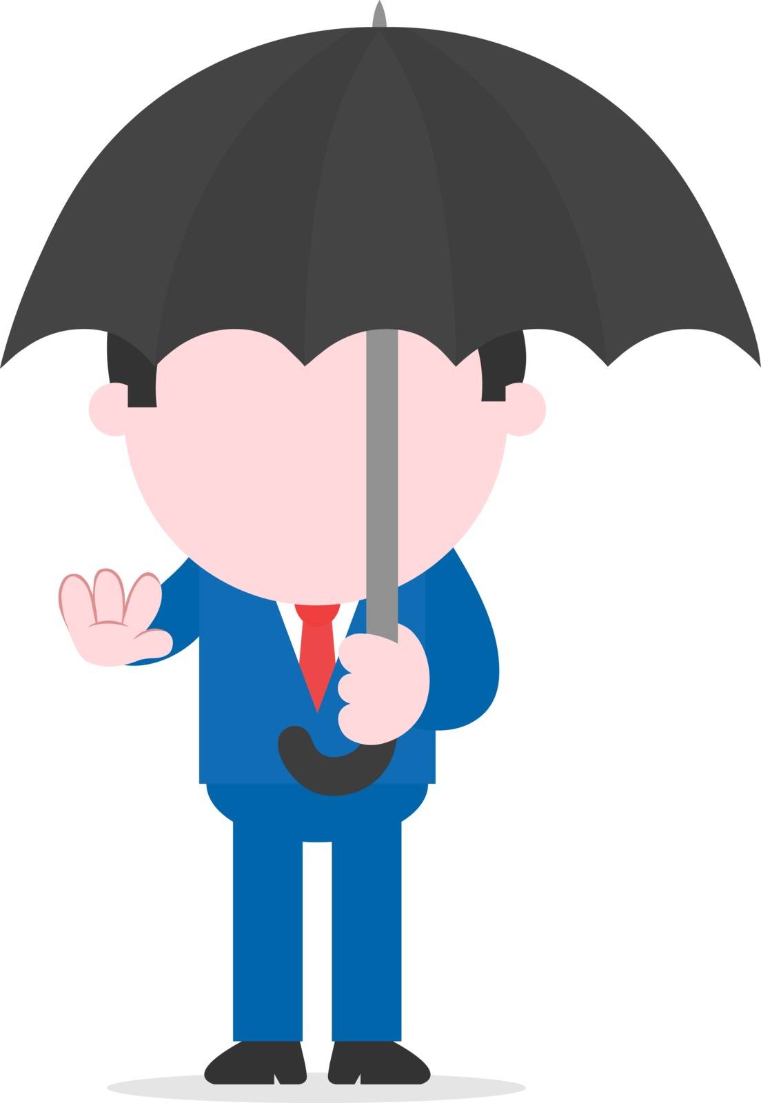 Vector cartoon businessman standing gesturing stop holding black umbrella