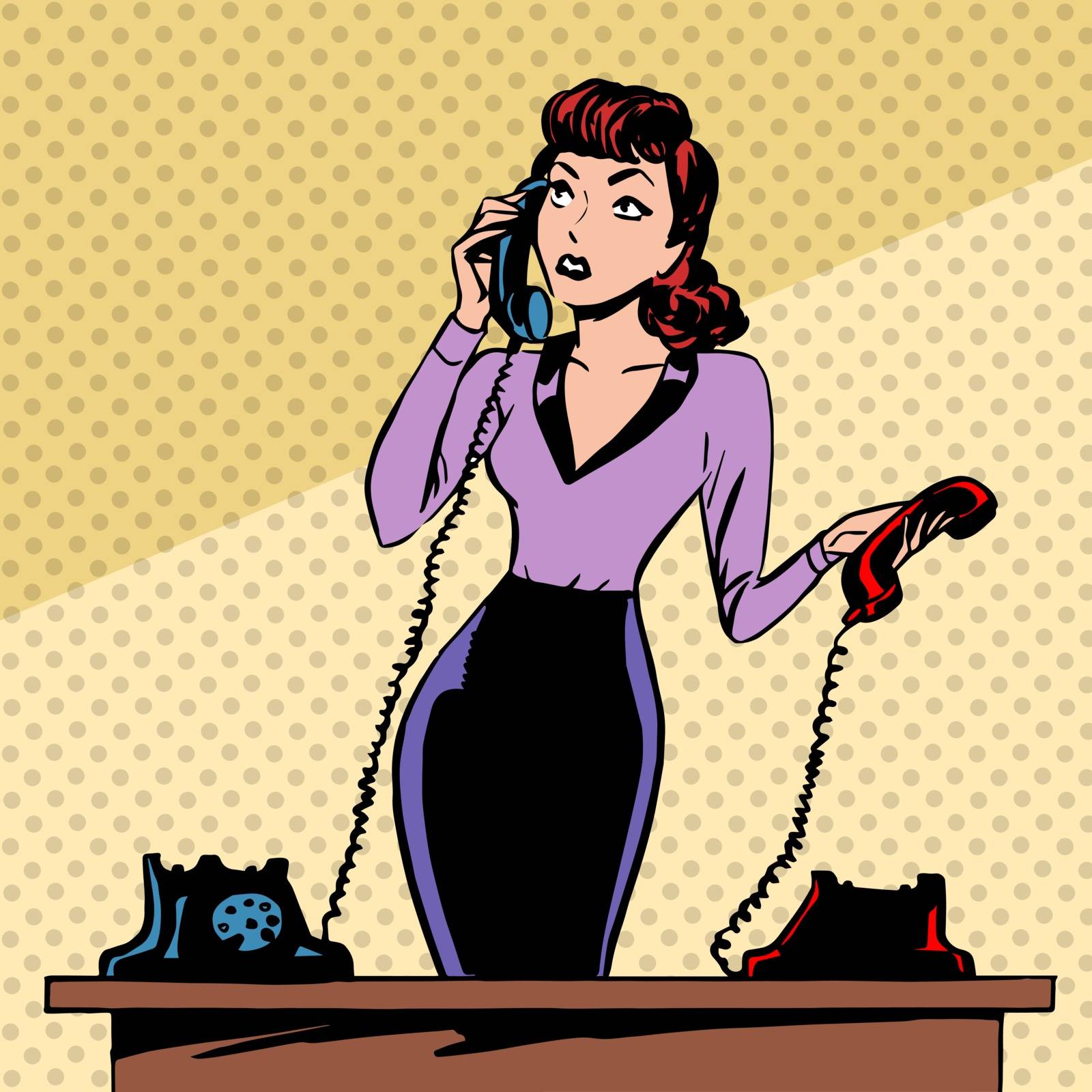 Girl Secretary answers the phone progress and communication technology pop art comics retro style Halftone. Imitation of old illustrations. The old woman lifts the handset and communicates with them
