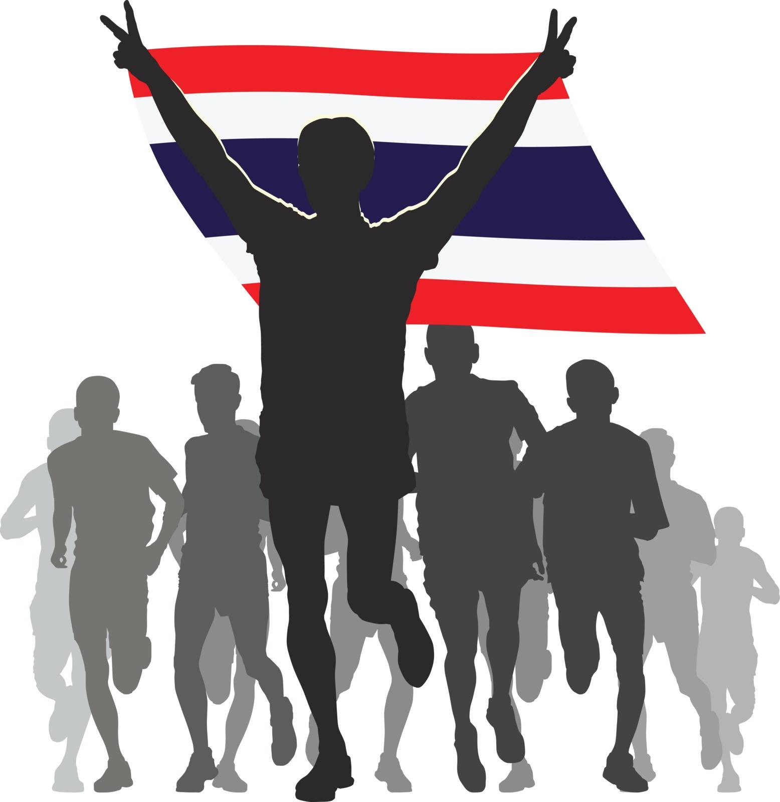 Illustration silhouettes of athletes, runners at the finish, winner holding Thailand flag overhead