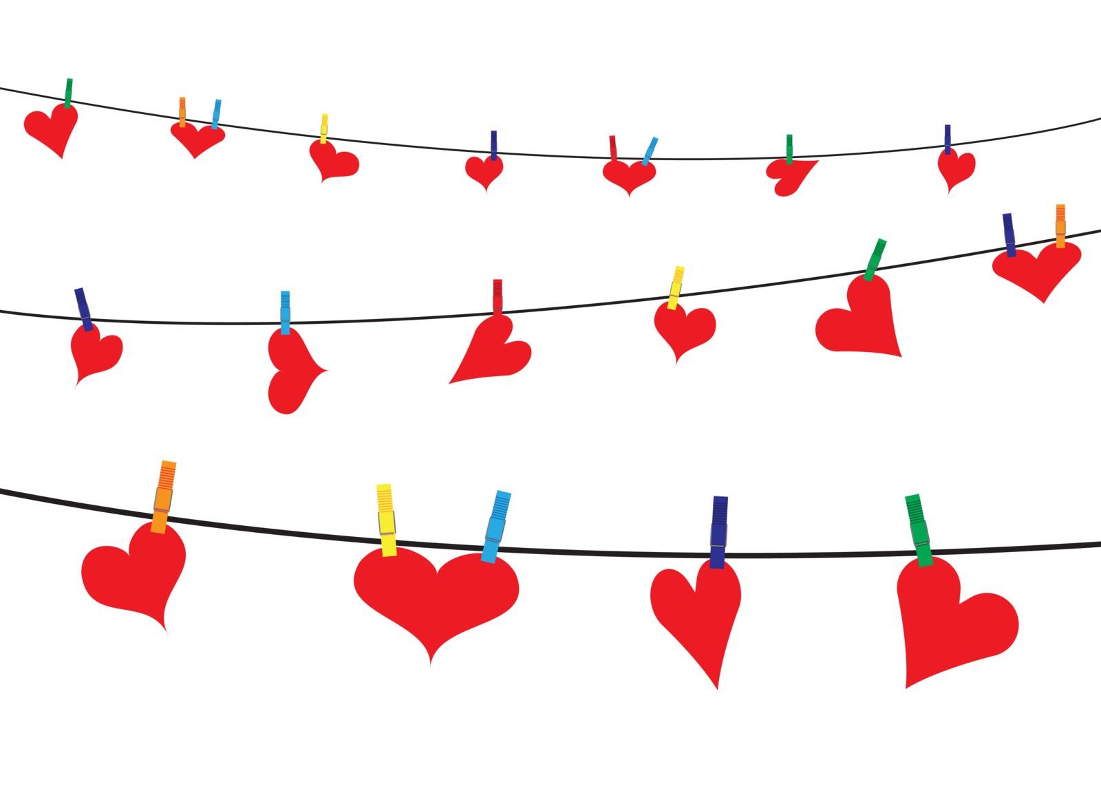 Hearts hung on a washing line with pegs on a white background
