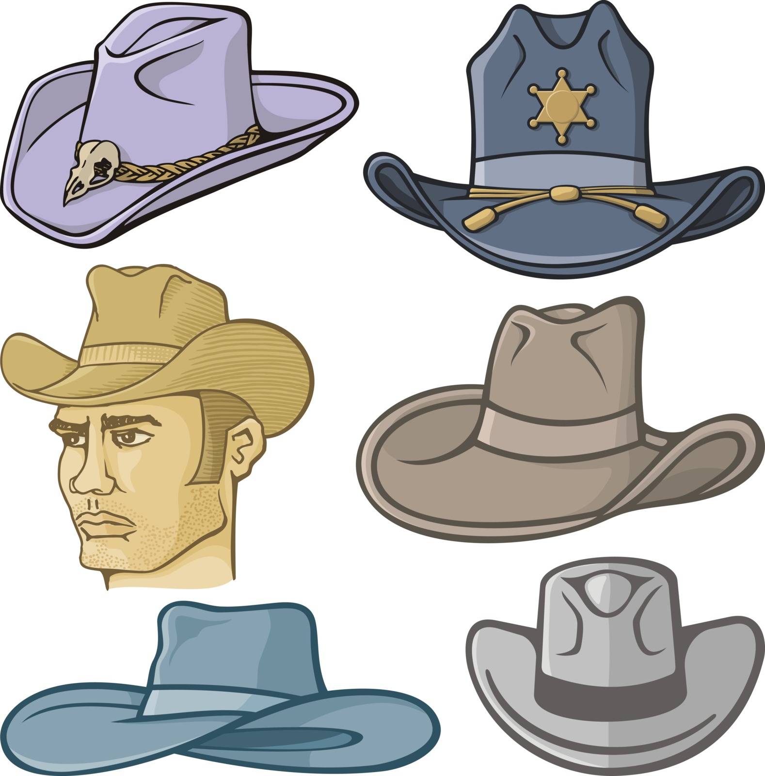 Collection of cowboy hats isolated on white.