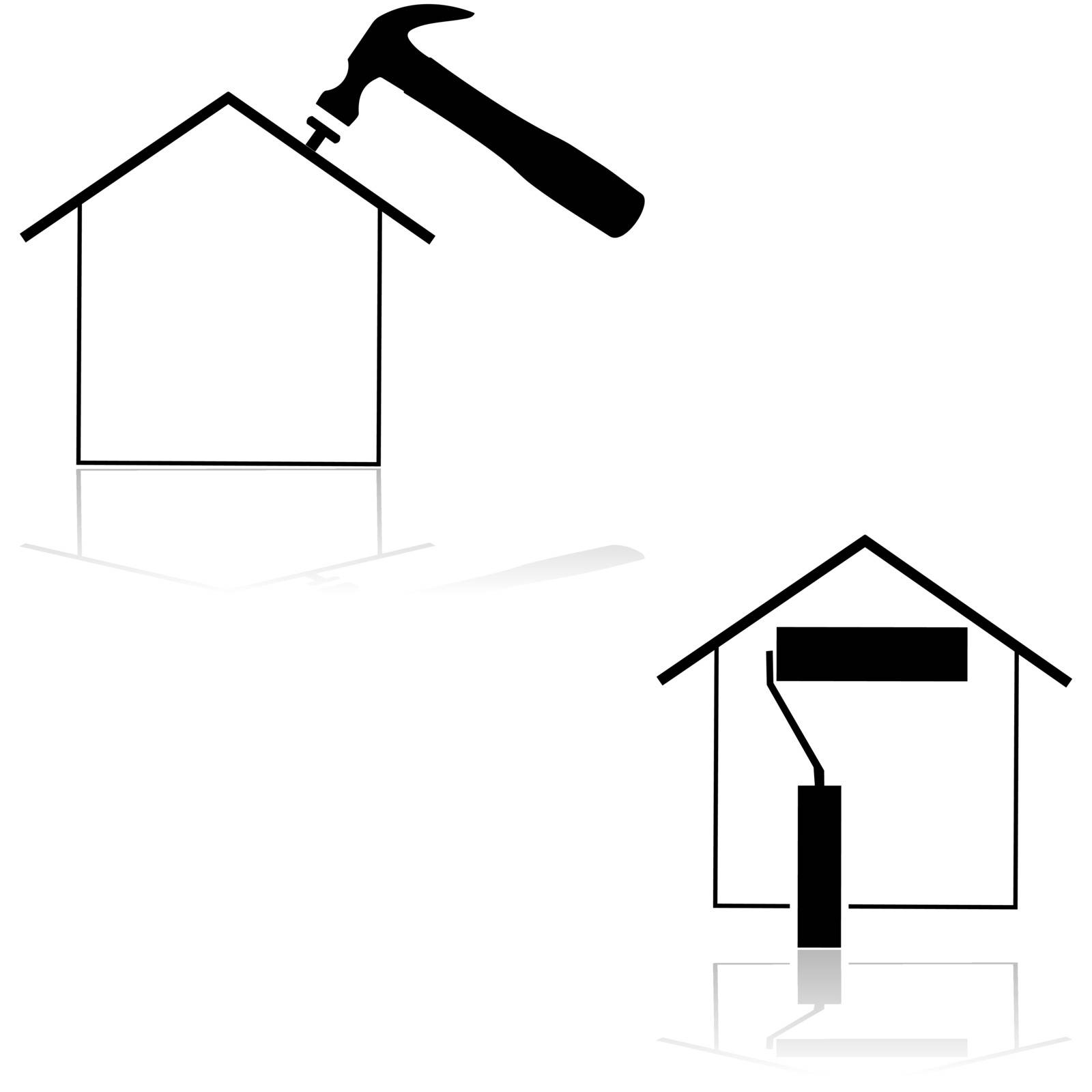 Icons showing a house with a hammer and paint roll