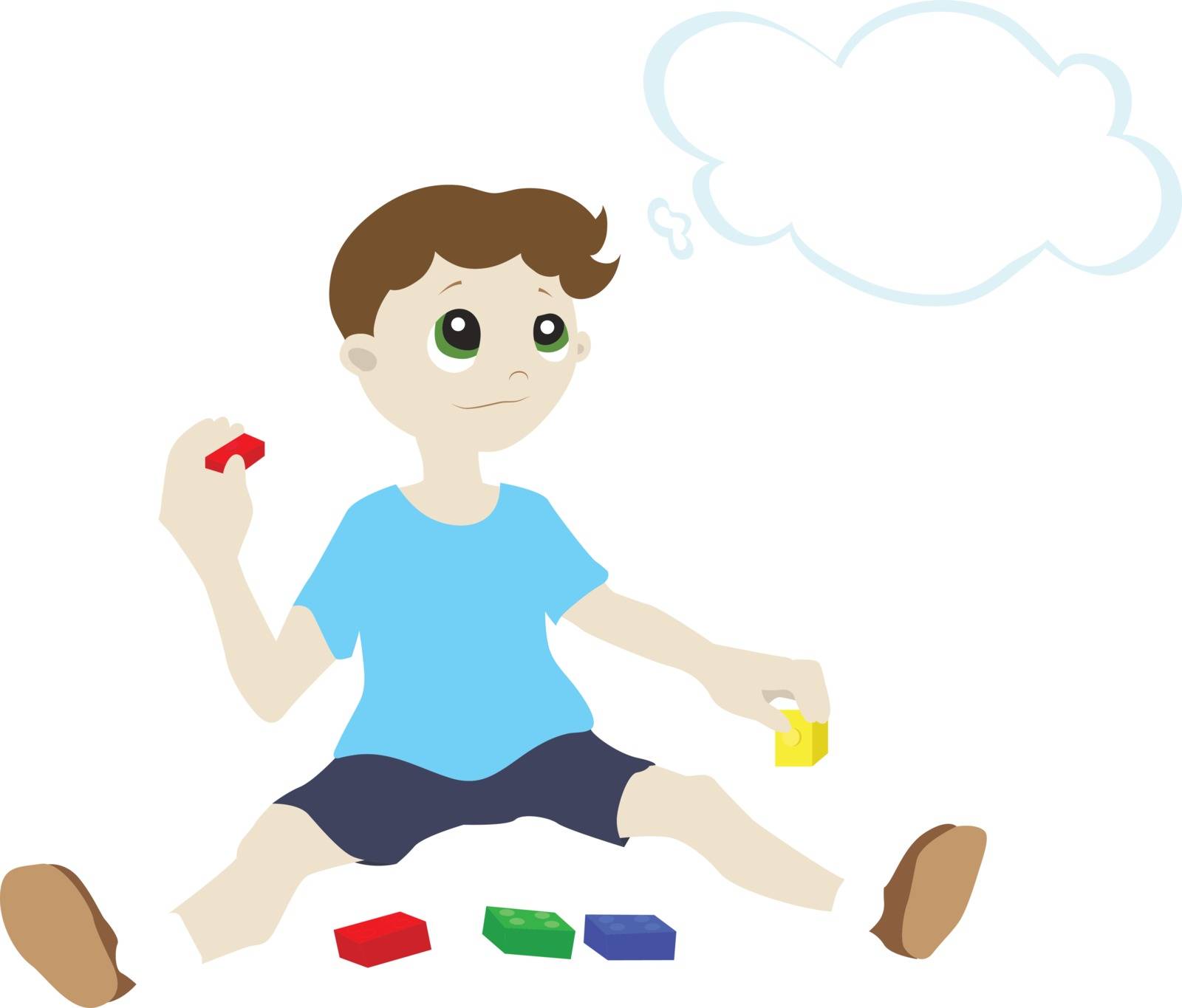 Illustration of a boy who is sitting on the floor with the designer and thinks that he wants to build