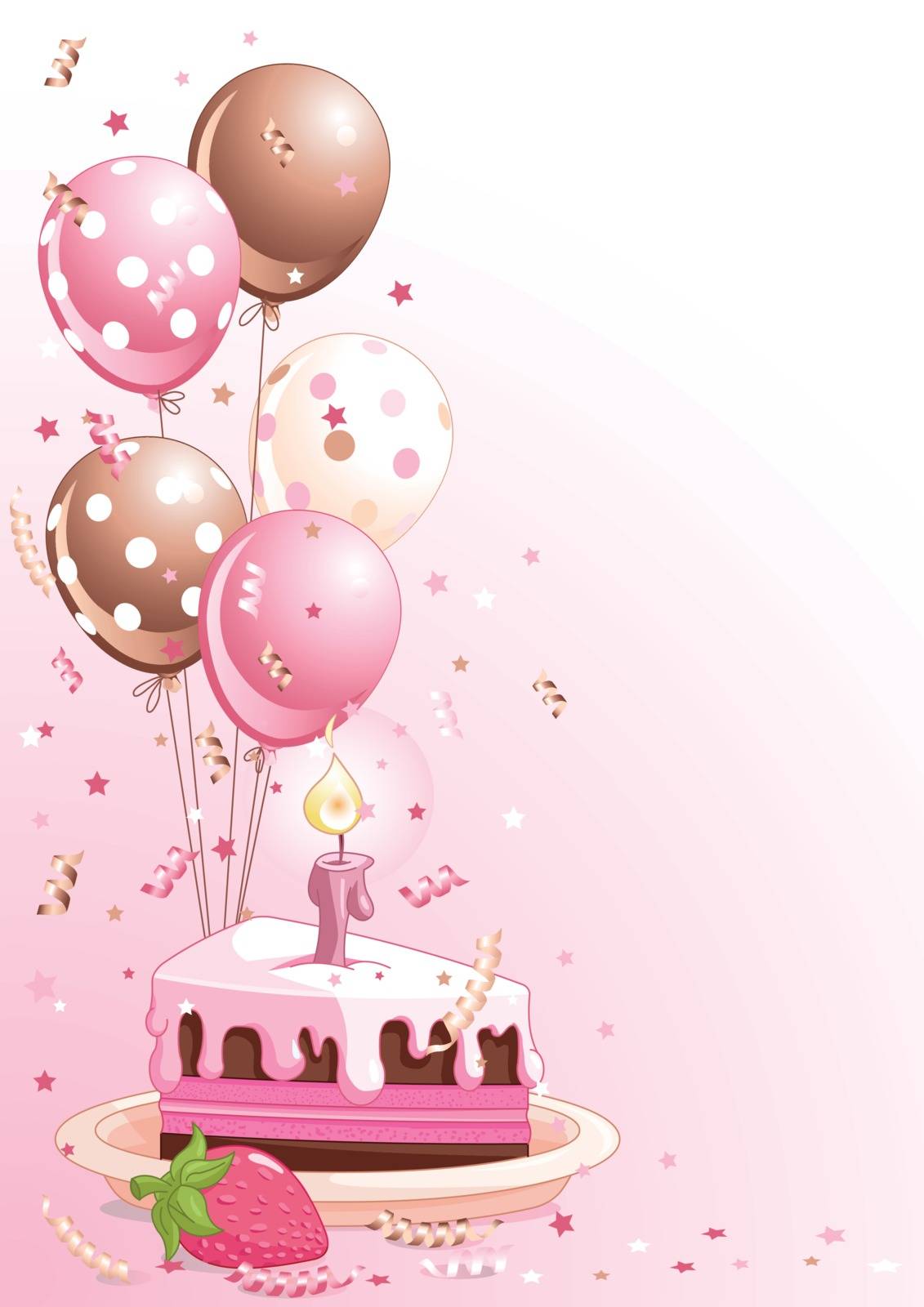 Illustration of a Slice of Birthday Cake with Balloons and Confetti
