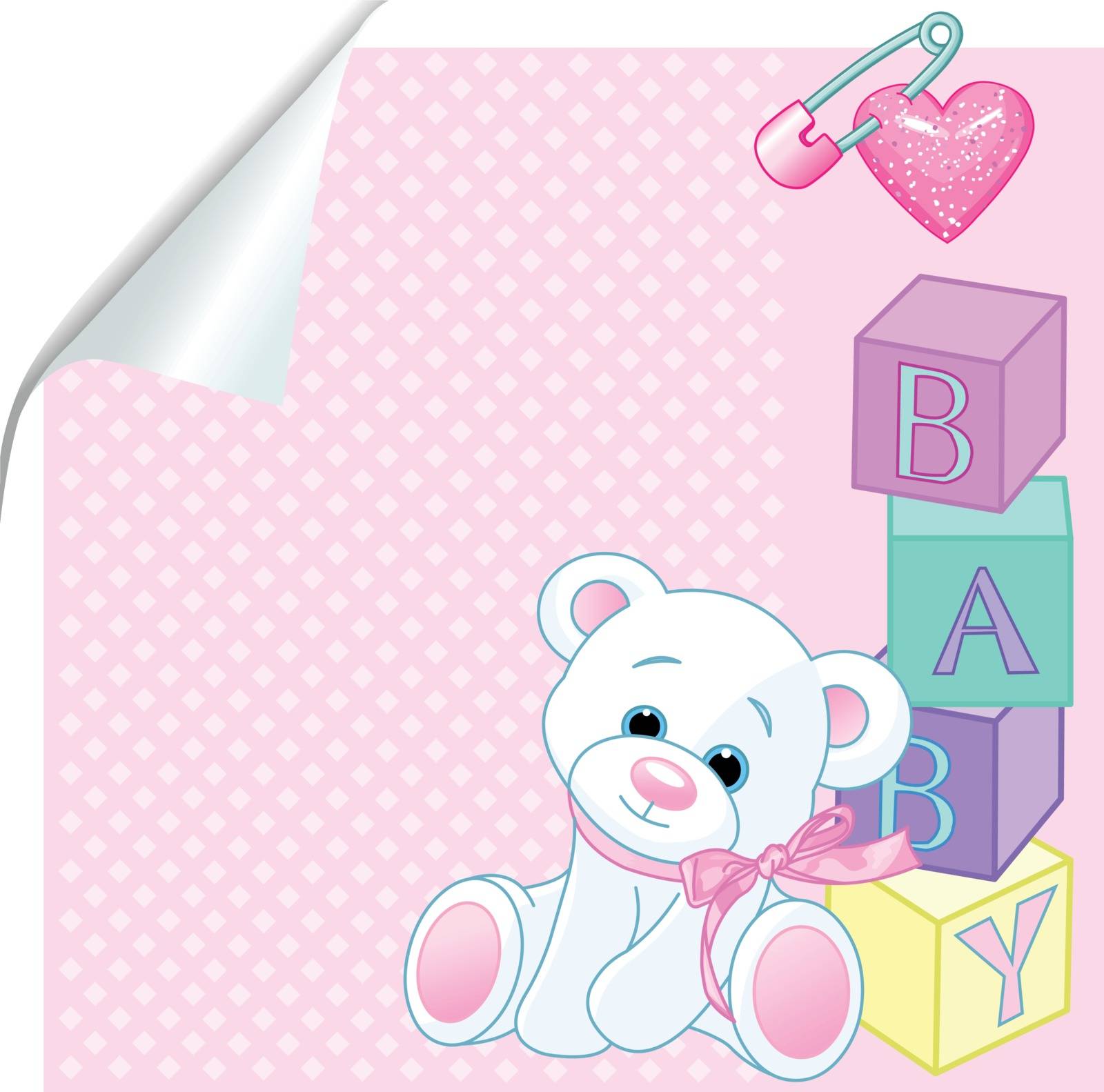 Pink pattern with Teddy Bear and word "baby" spelled out by blocks