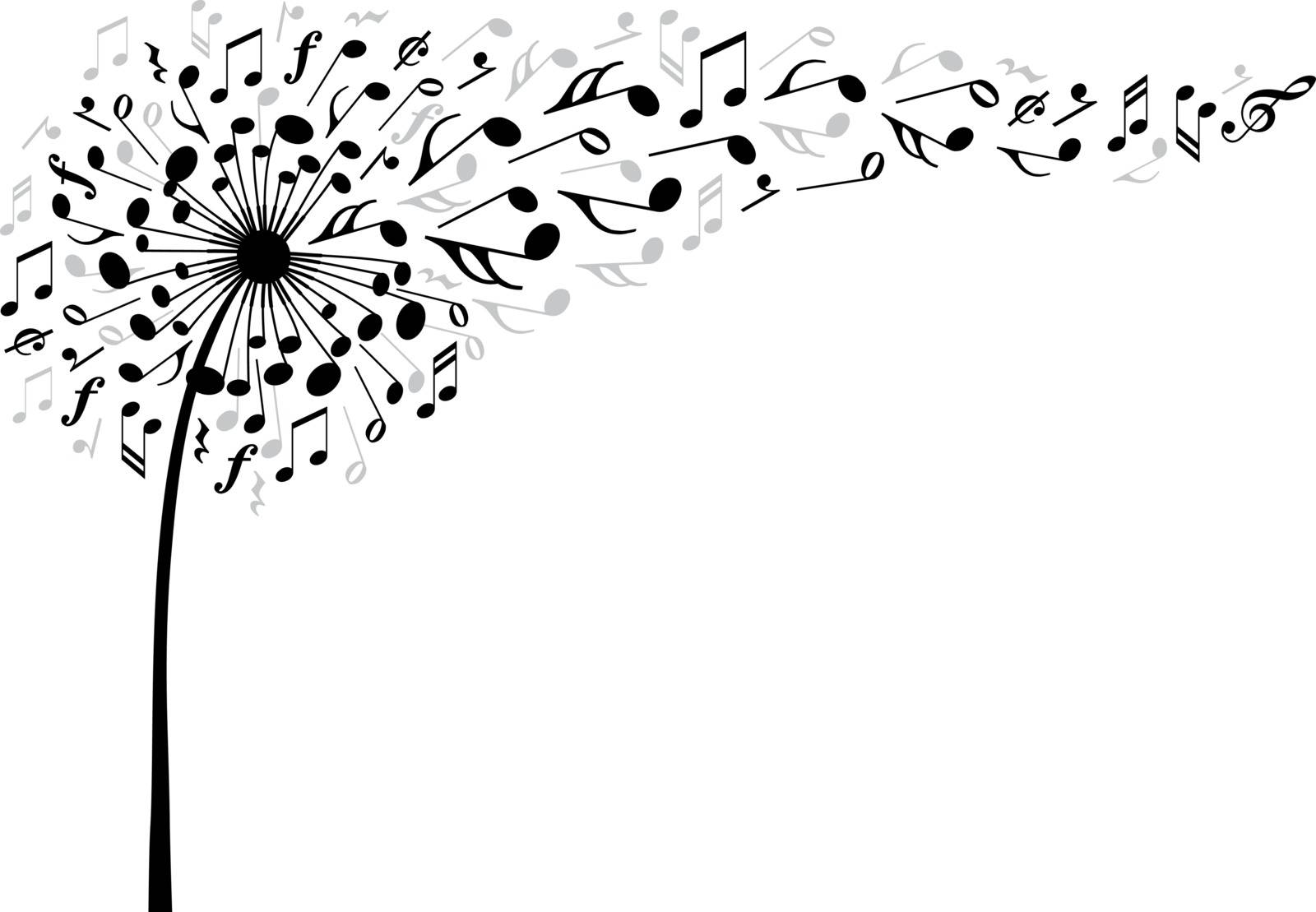 music dandelion flower with flying musical notes, vector illustration