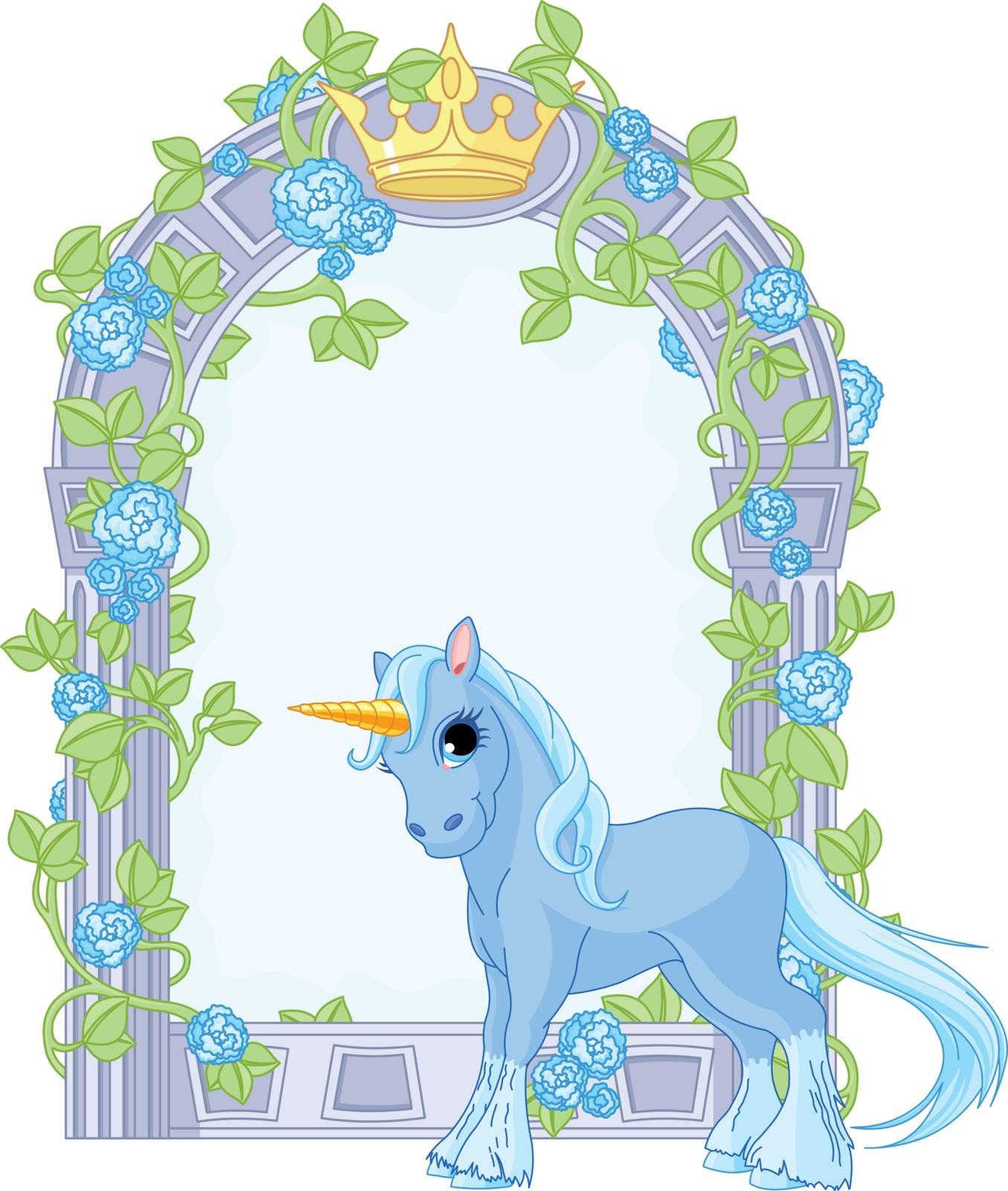 Illustration of standing beautiful cute unicorn close to flower frame