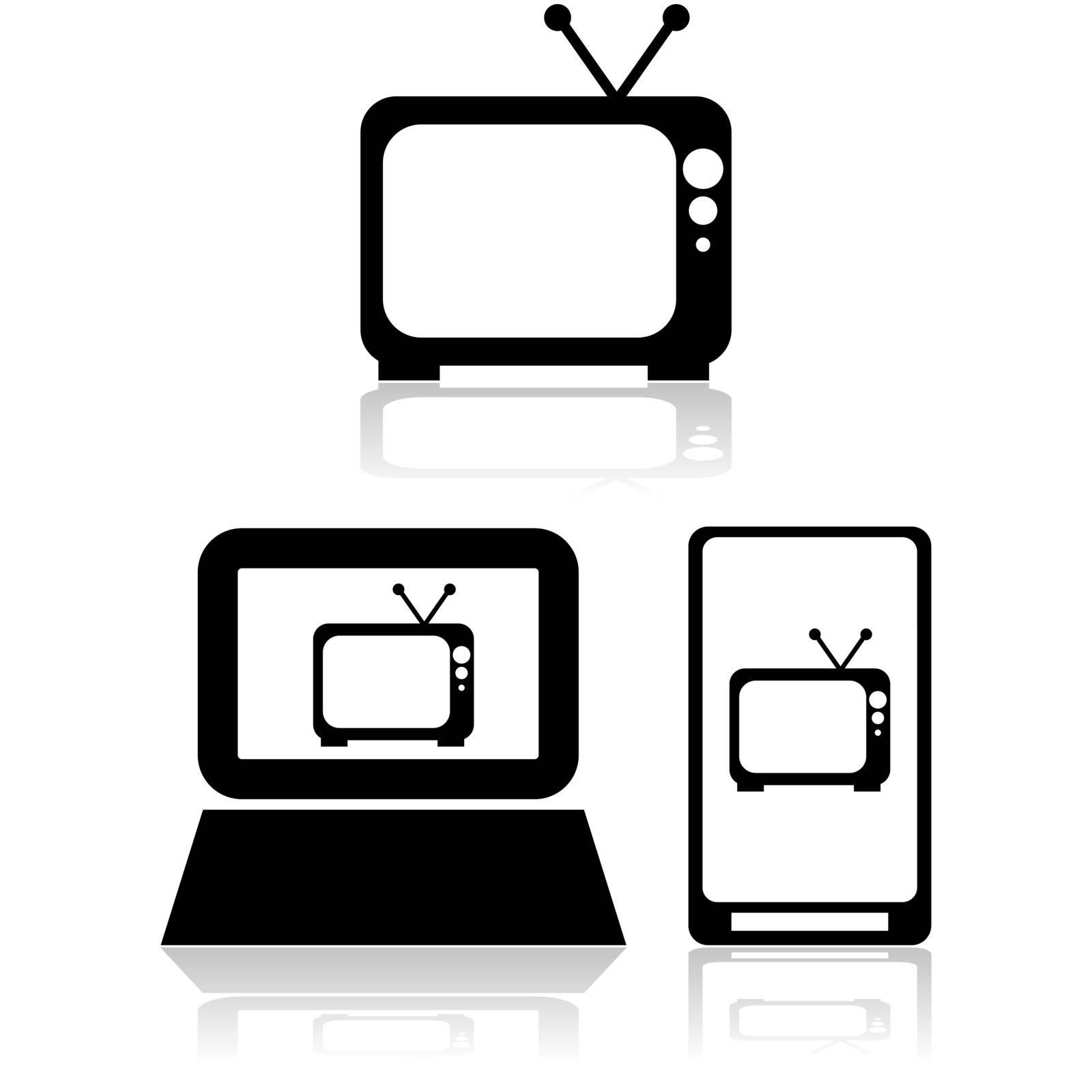 Icon set showing an old television set by itself and also inside a computer and mobile device