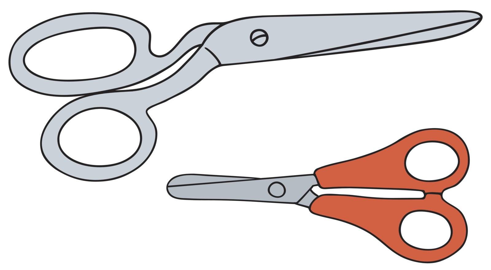 Hand drawing of a classic big and small plastic scissors