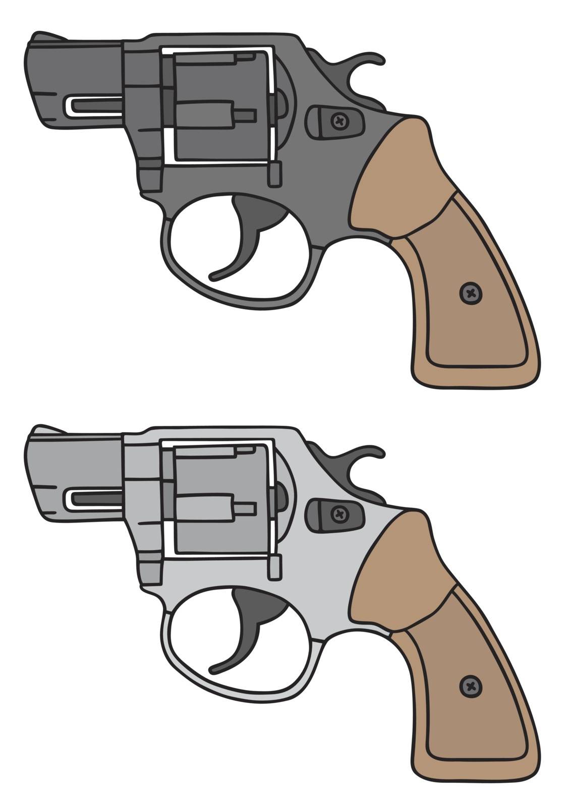 Hand drawing of two classic short revolvers