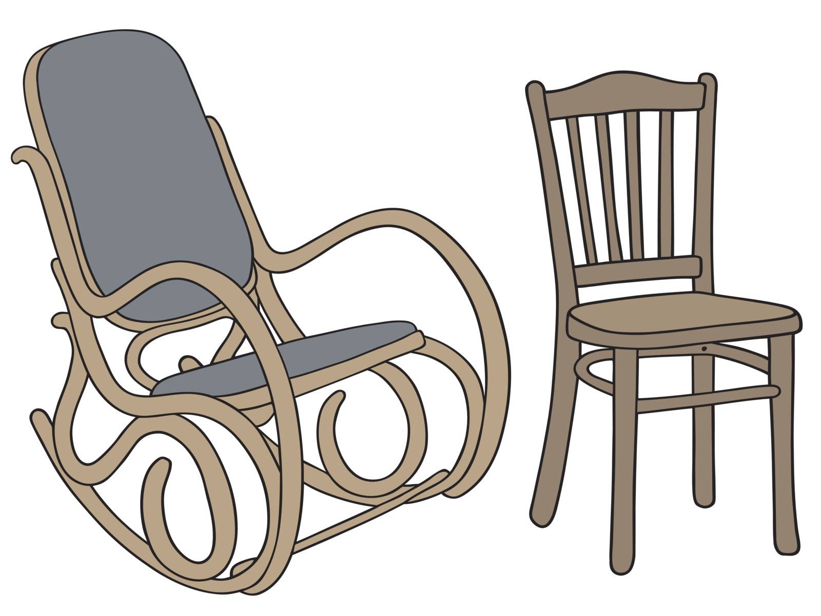 Hand drawing of an old wooden rocker and chair