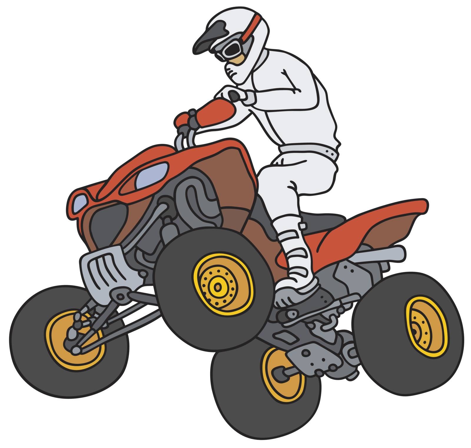 Hand drawing of a racer on the red all terrain vehicle - not a real model