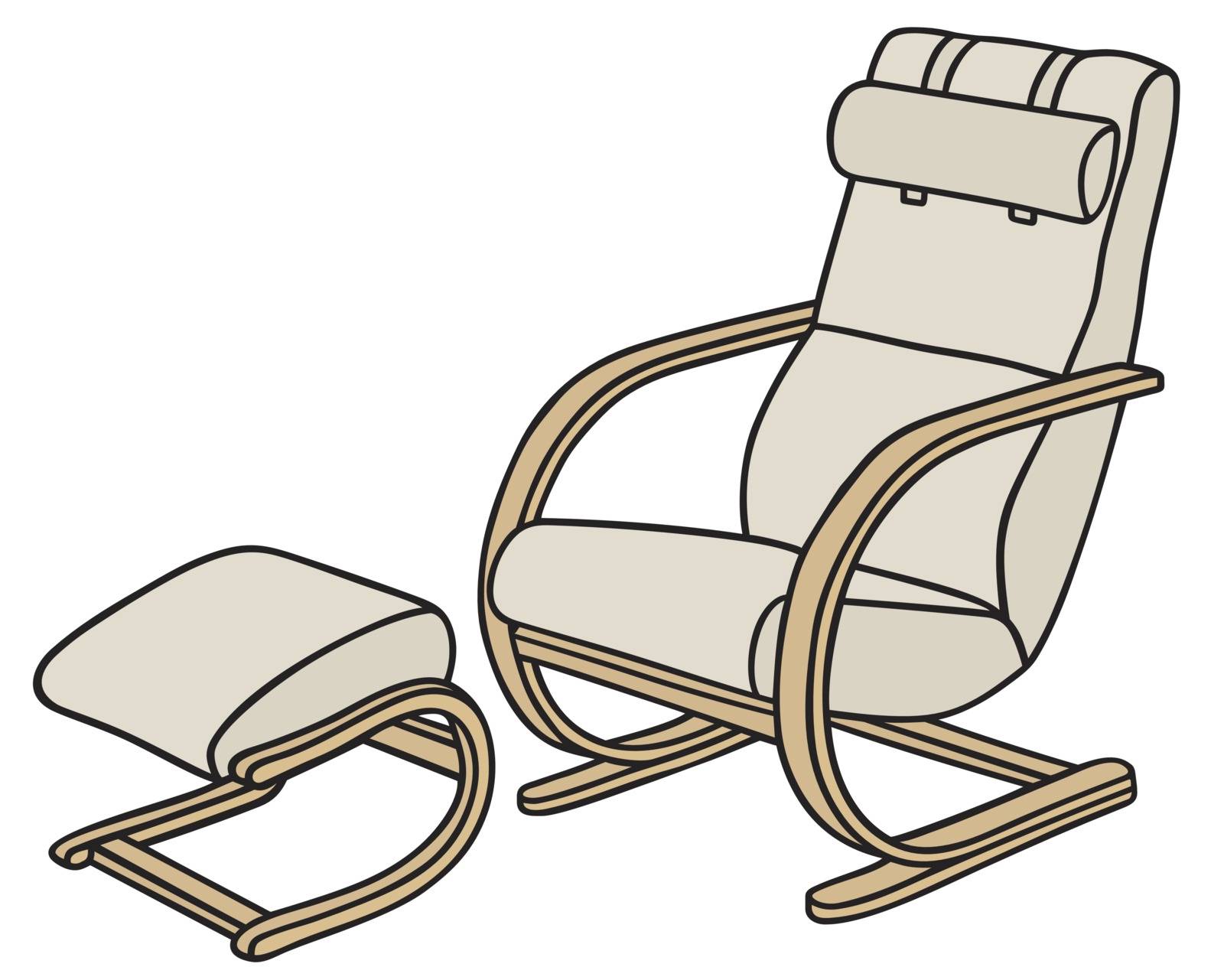 Hand drawing of a light cream wooden armchair with stool