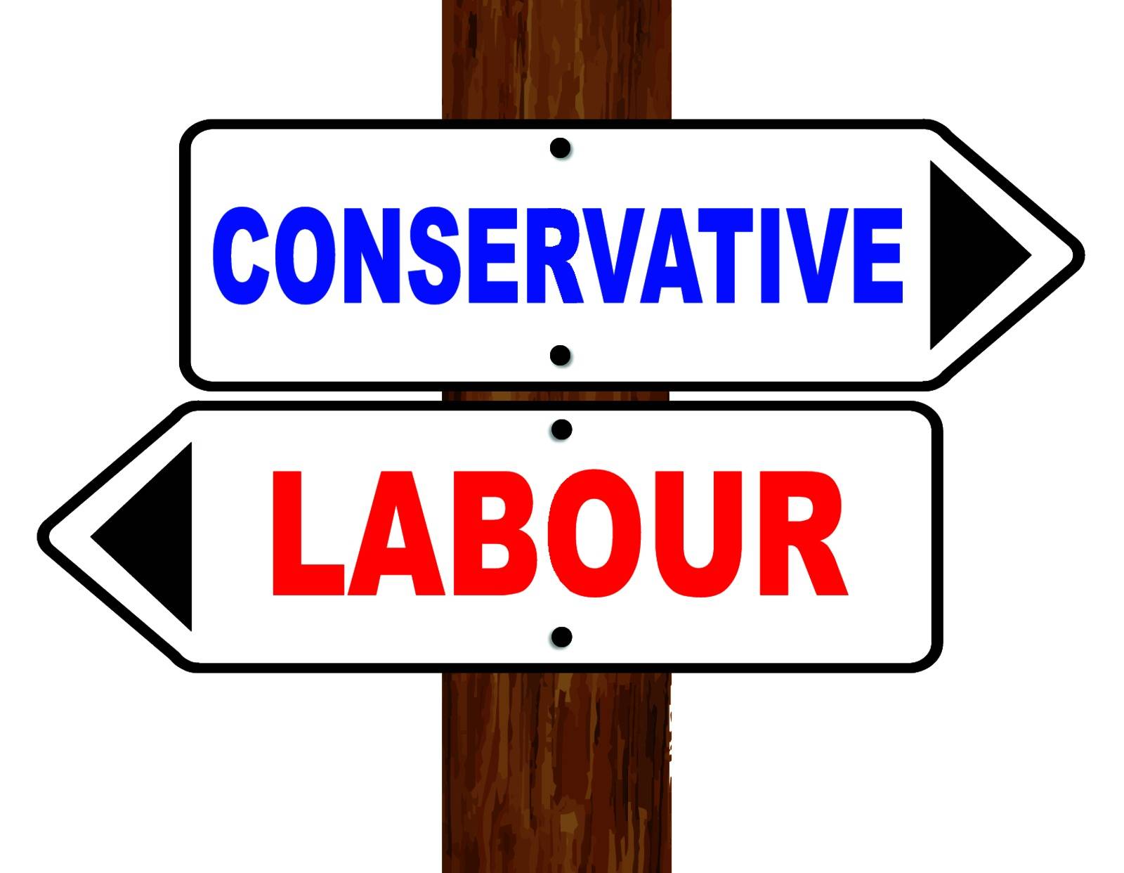 White and black labour and conservative signs with red and blue text fixed to a wooden pole over a white background