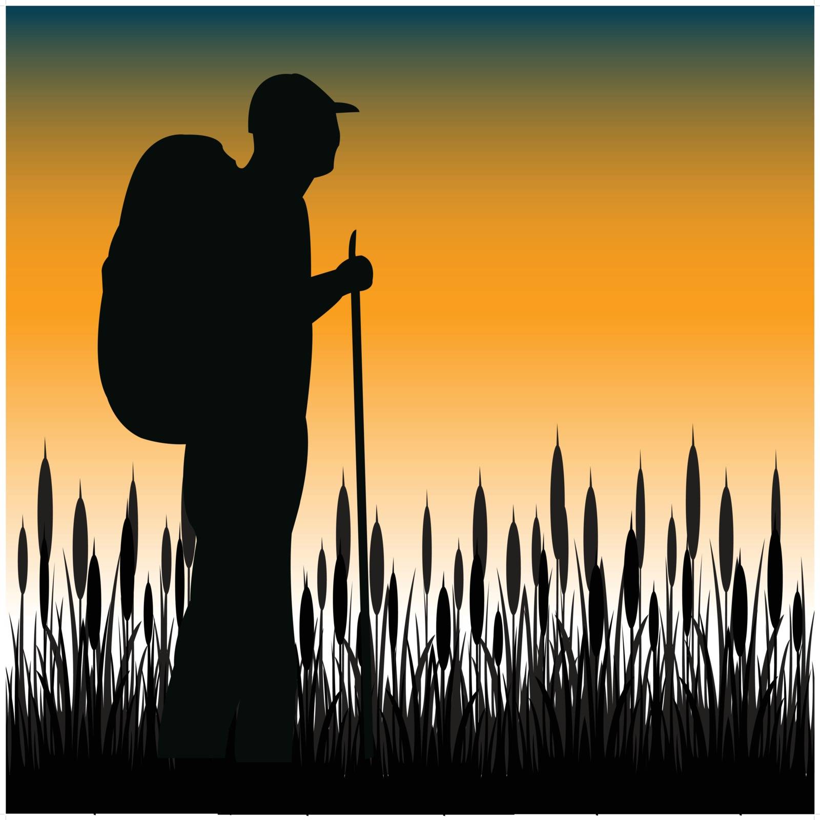 The Silhouette of the tourist with rucksack in herb.Vector illustration