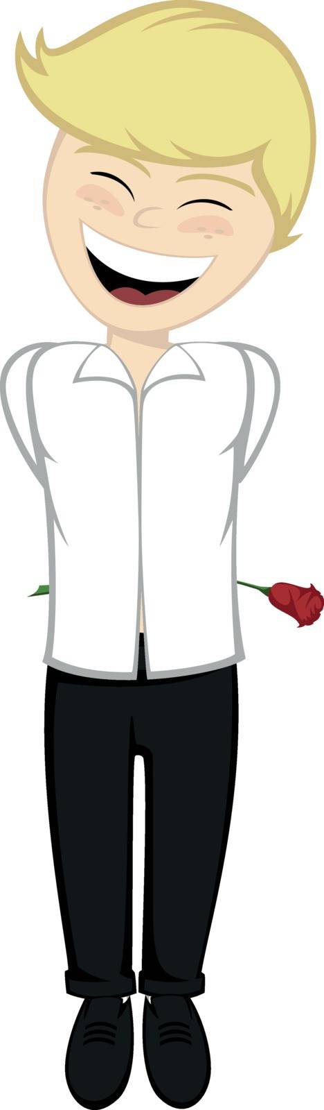 A blonde boy with a rose behind his back