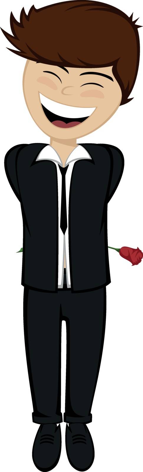 A brown haired boy with a rose behind his back