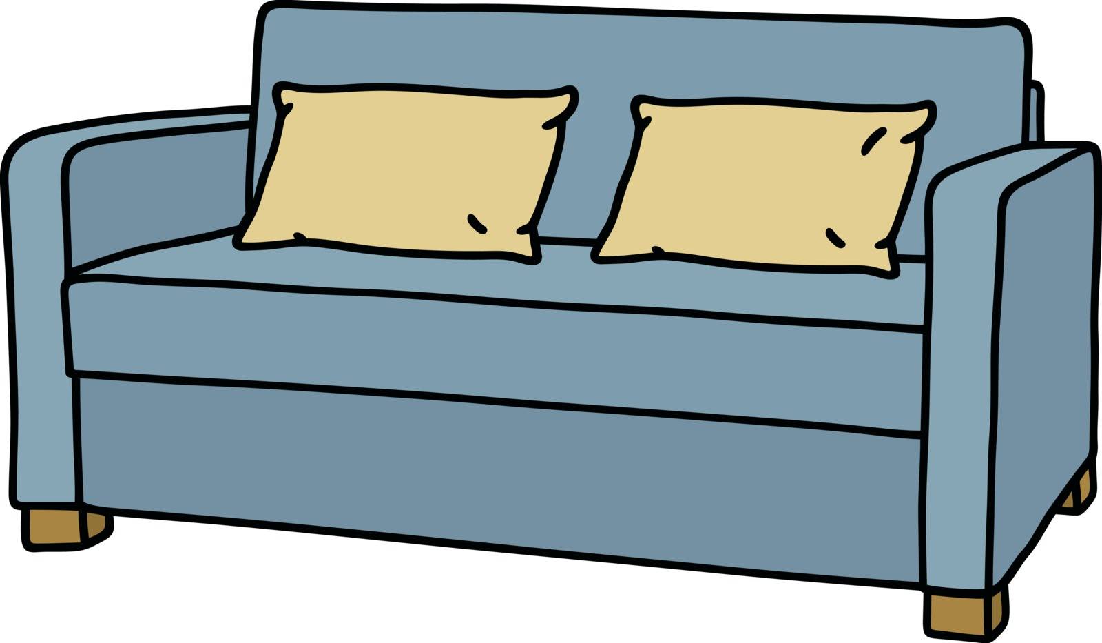 Hand drawing of a blue couch with two cream pillows