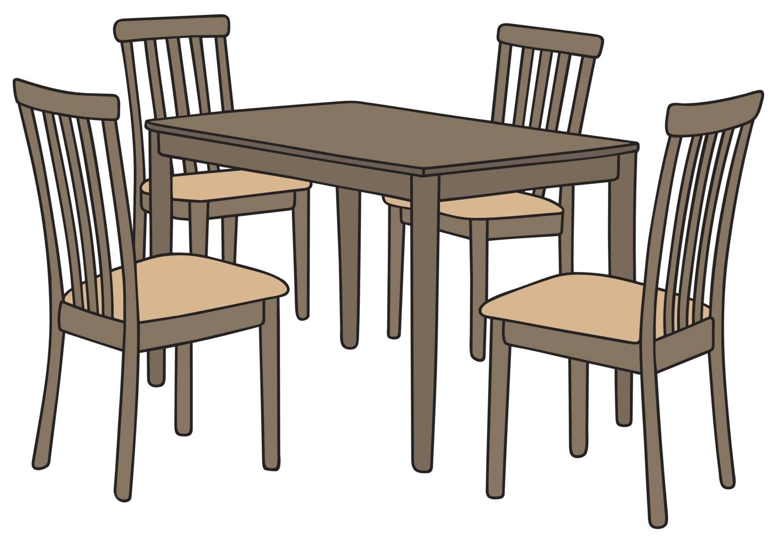 Hand drawing of a dark wooden table and four chairs