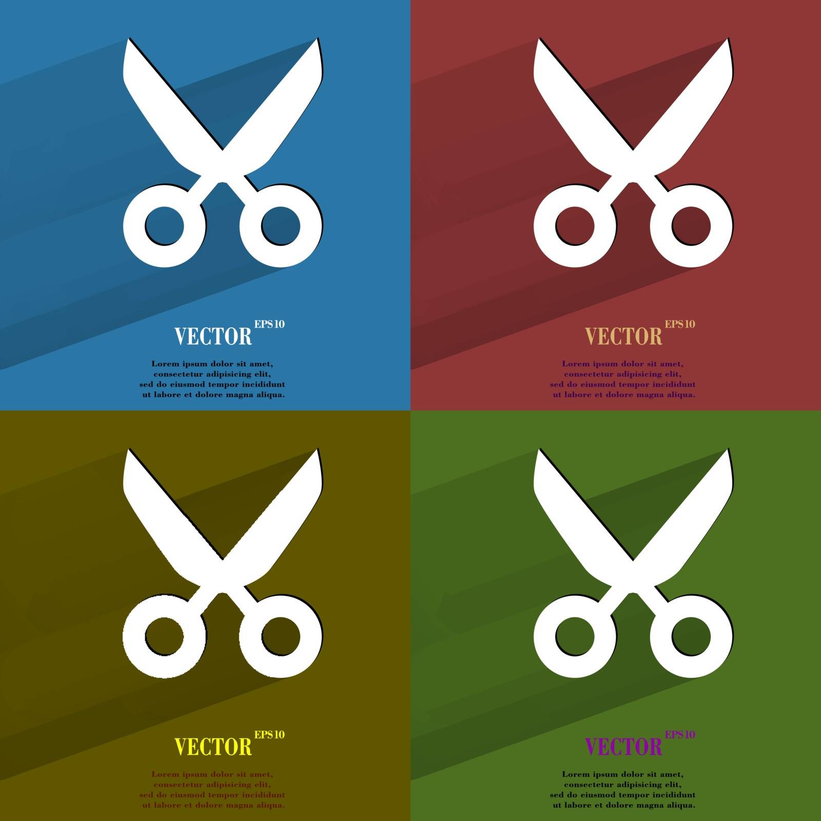 Color set Scissors. Flat modern web button with long shadow and space for your text. Vector. EPS10