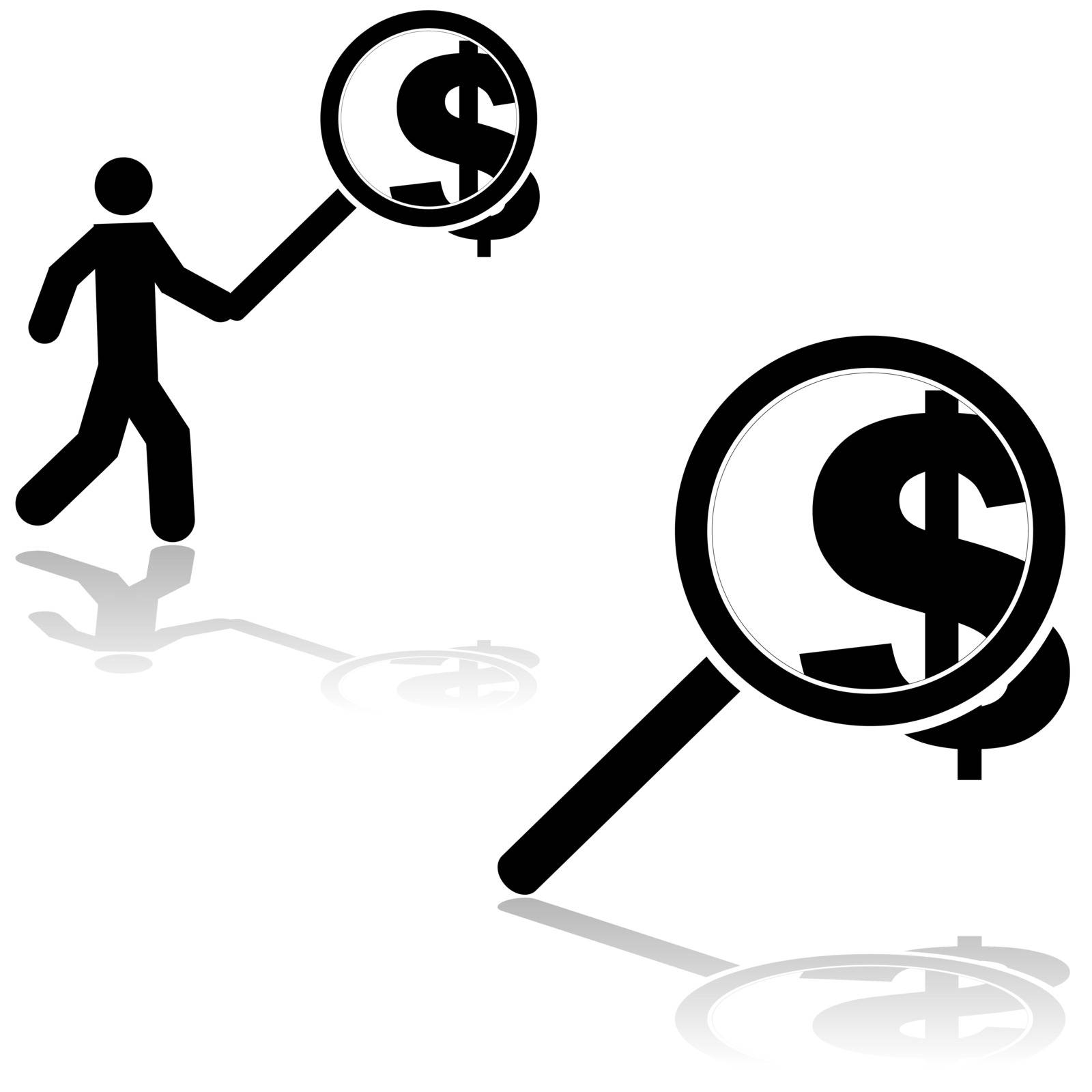 Concept illustration showing a man searching for money and a magnifying glass over a dollar sign