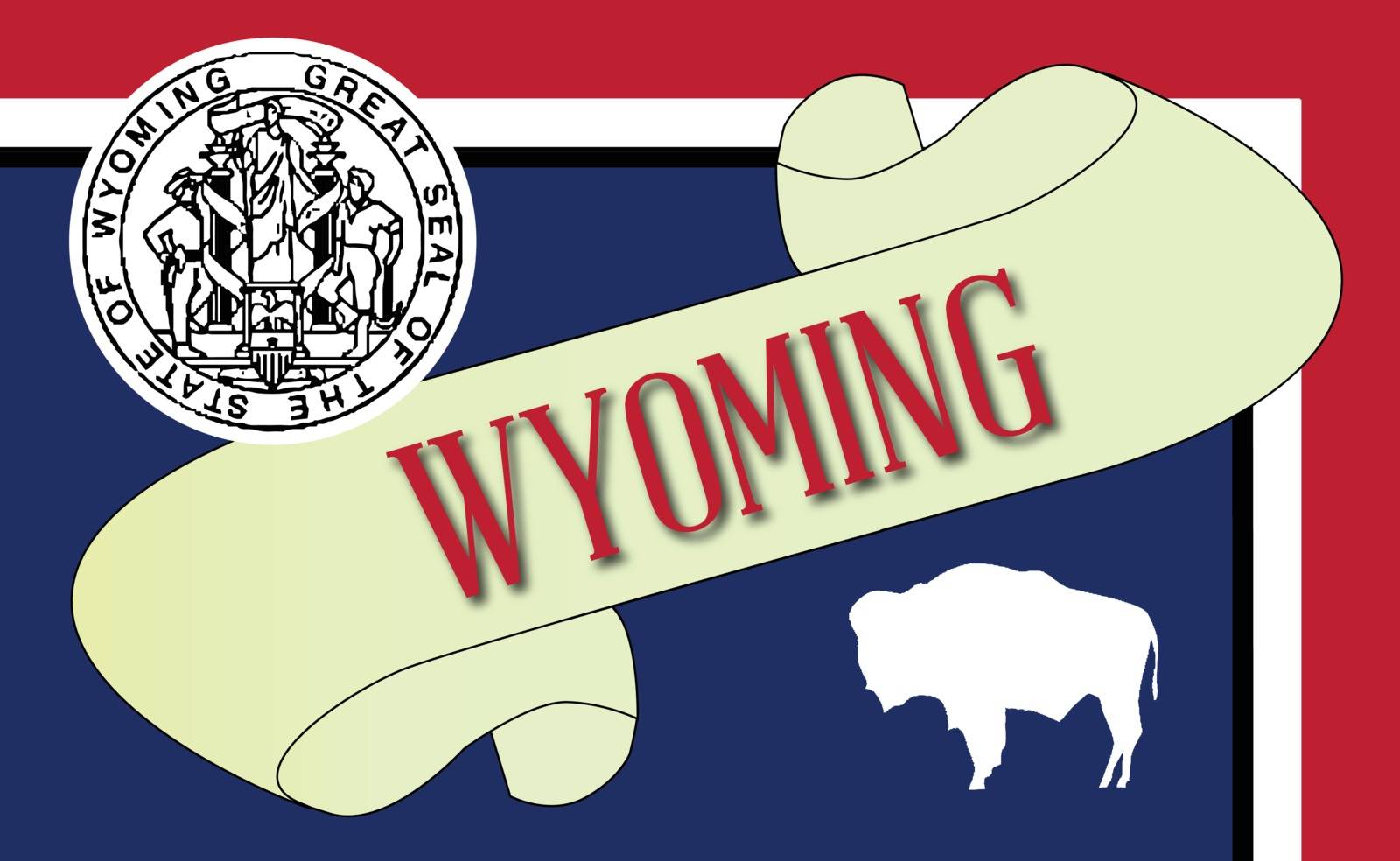 A scroll with the text Wyoming with the flag of the state detail
