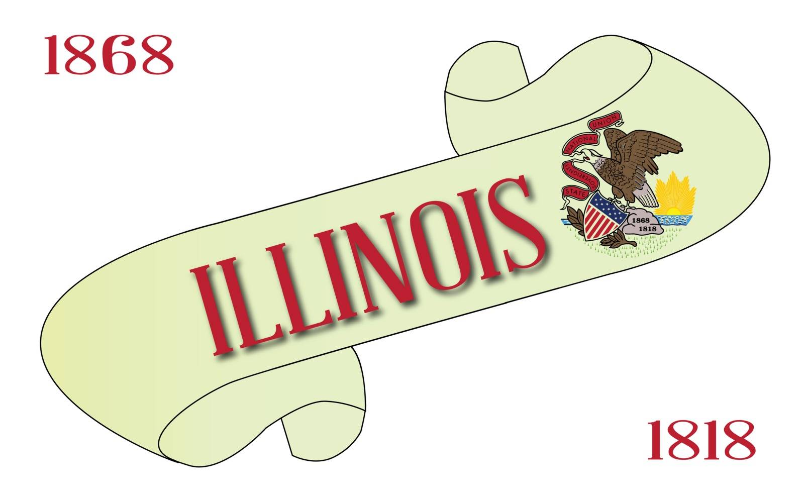 A scroll with the text Illinois with the flag of the state detail
