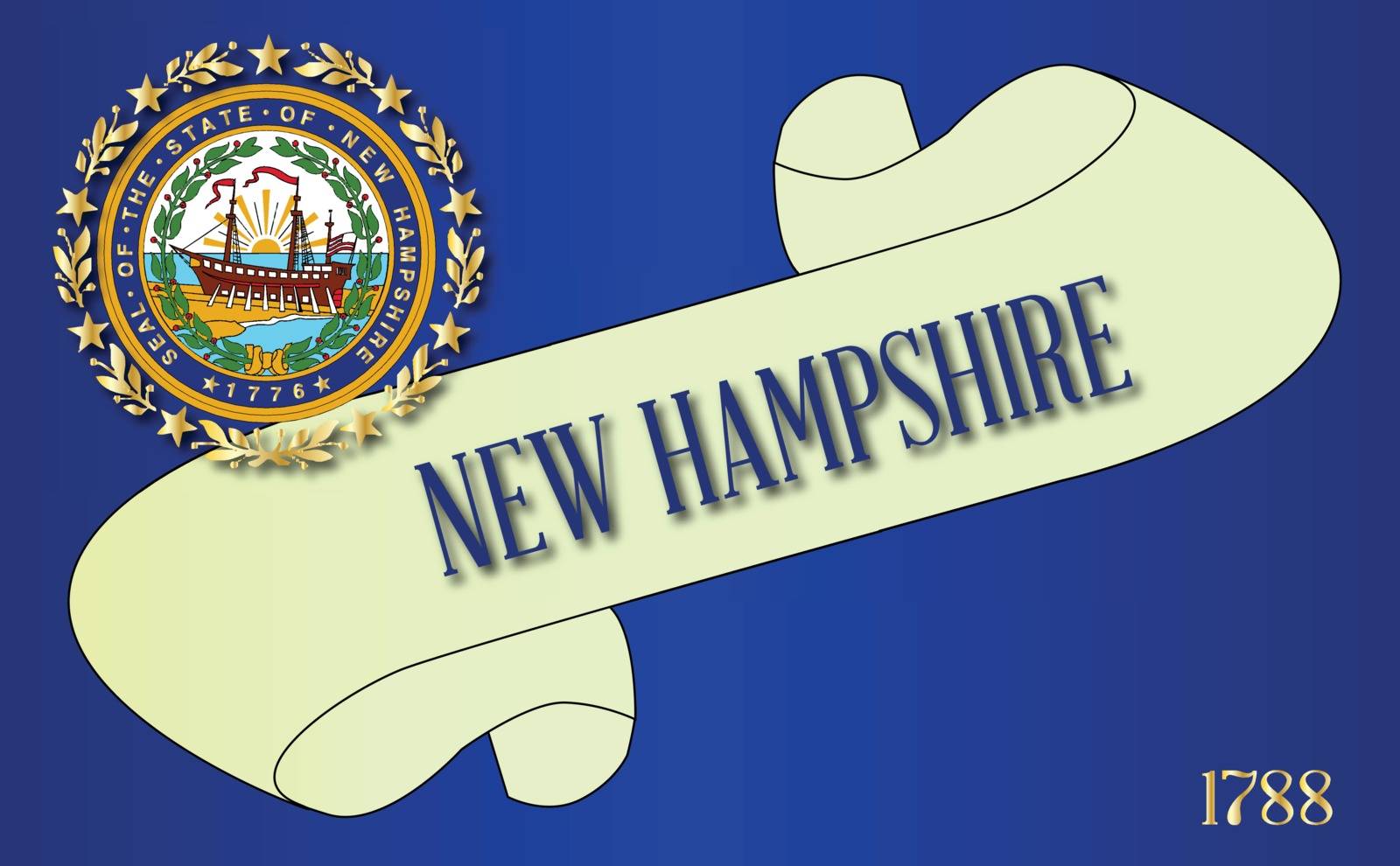 A scroll with the text New Hampshire with the flag of the state detail
