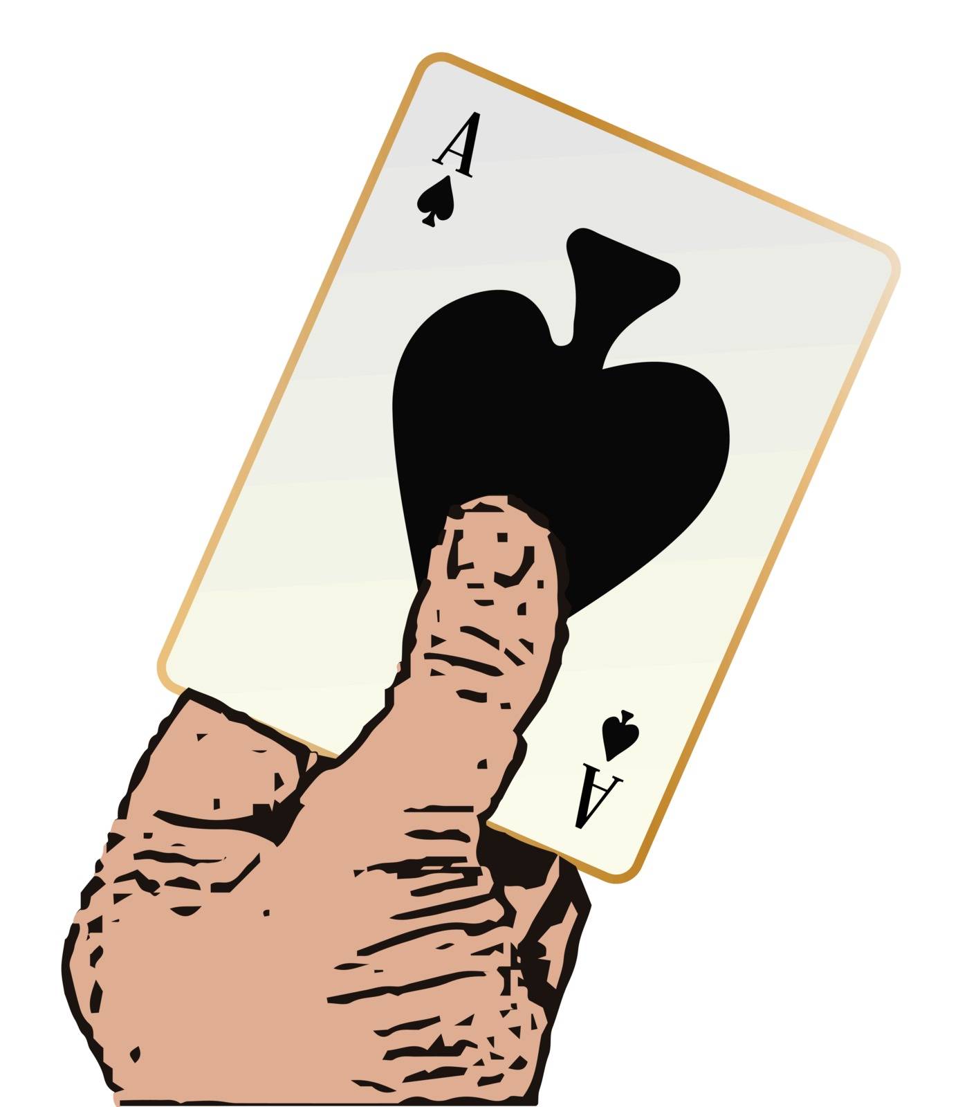 A cartoon hand holding the ace of spades over a white background