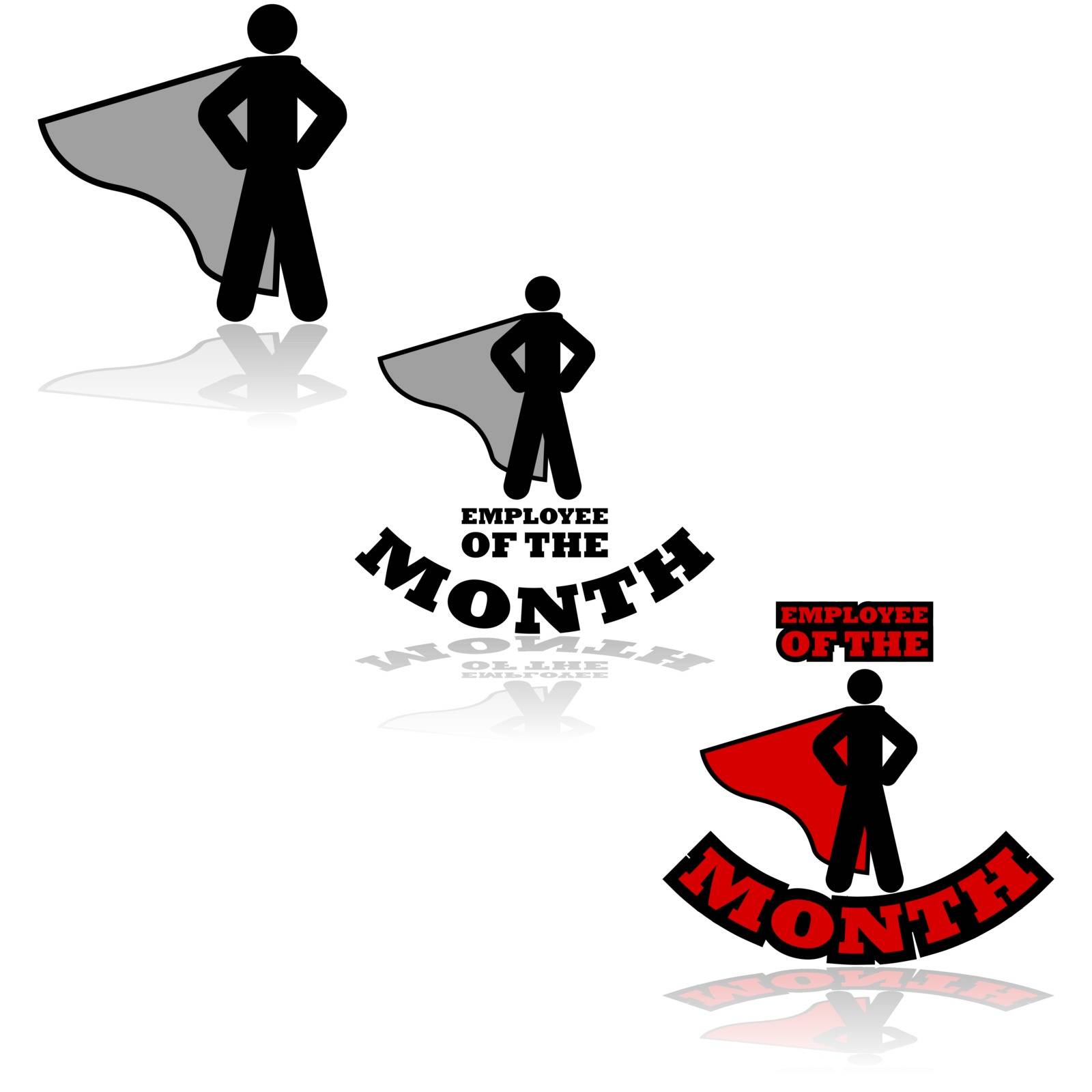 Icon set showing a person wearing a cape combined with the words 'Employee of the Month'