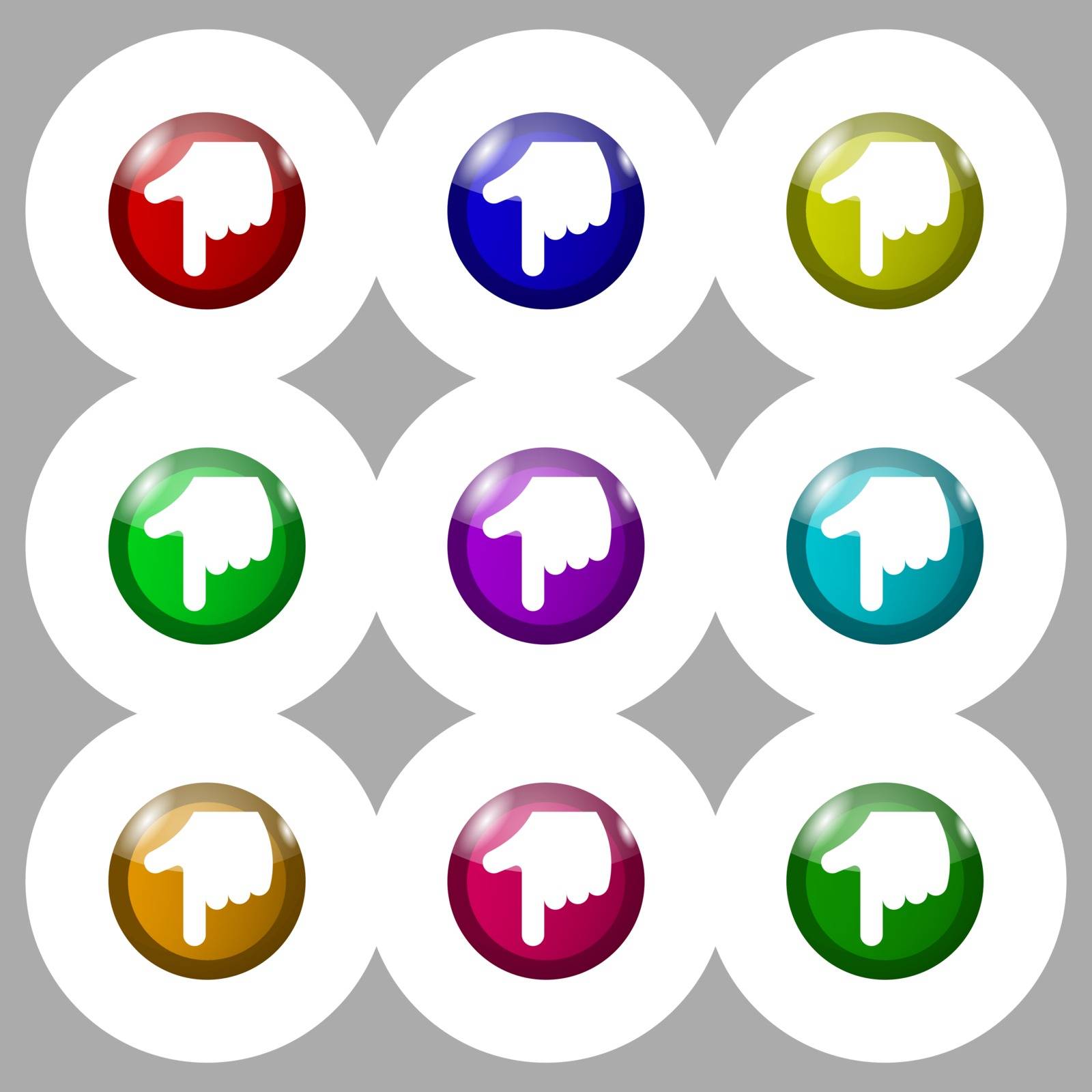pointing hand icon sign. symbol on nine round colourful buttons. Vector by serhii_lohvyniuk