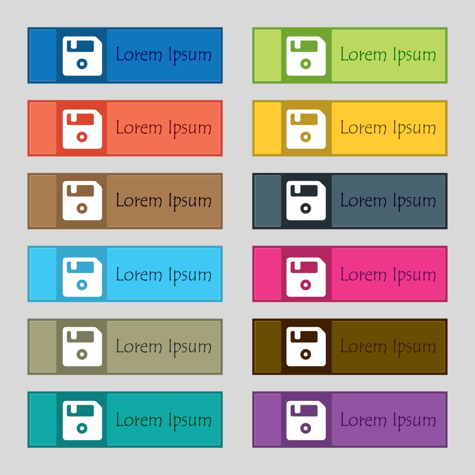 floppy  icon sign. Set of twelve rectangular, colorful, beautiful, high-quality buttons for the site. Vector illustration