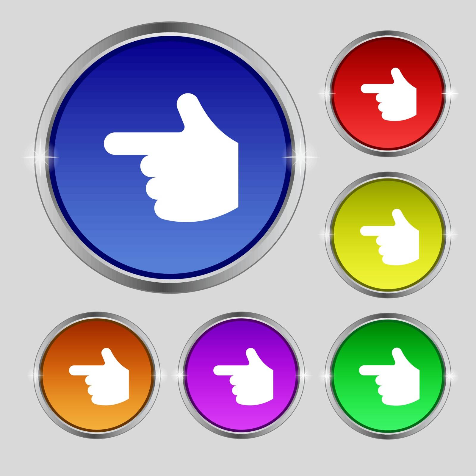 pointing hand icon sign. Round symbol on bright colourful buttons. Vector by serhii_lohvyniuk