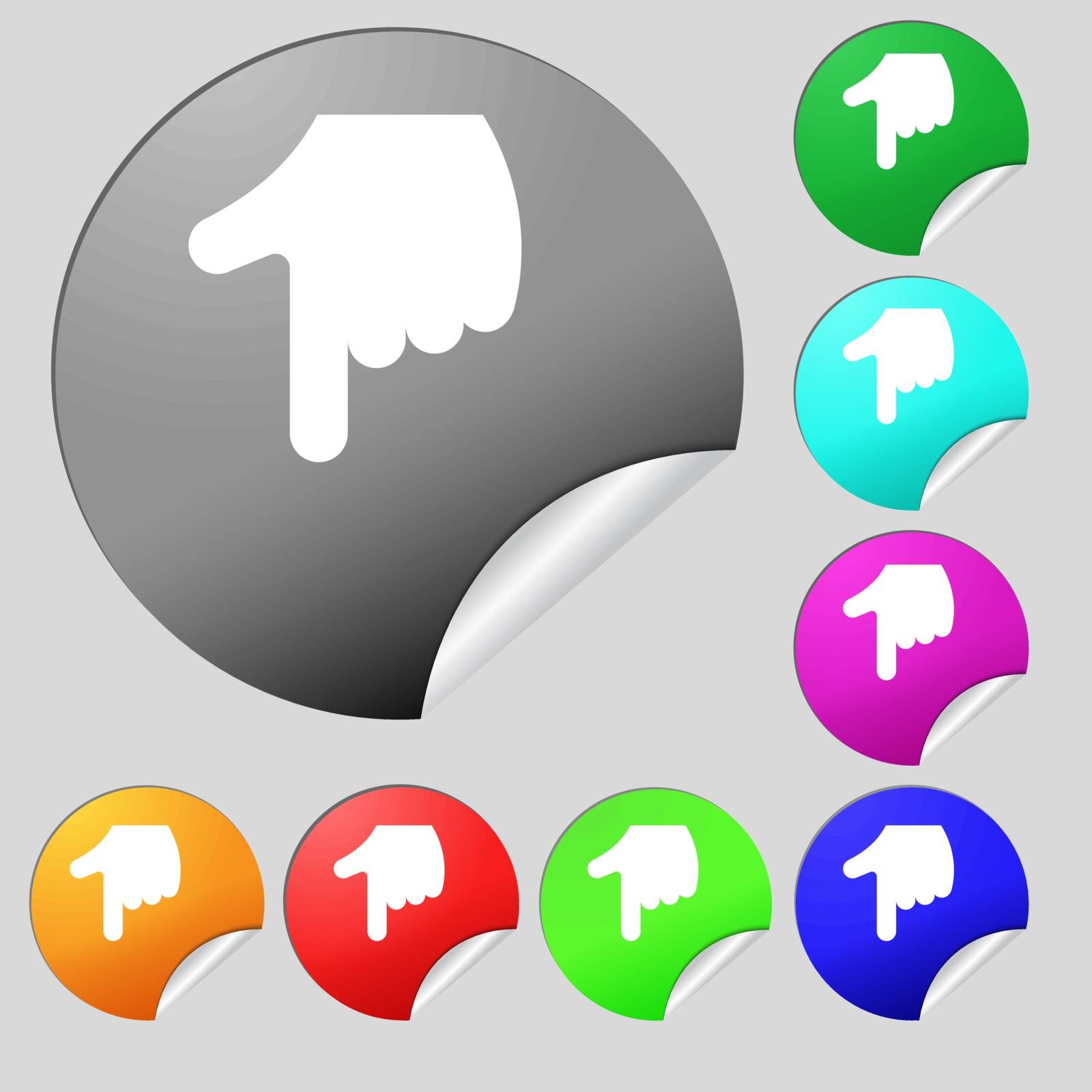 pointing hand icon sign. Set of eight multi-colored round buttons, stickers. Vector by serhii_lohvyniuk
