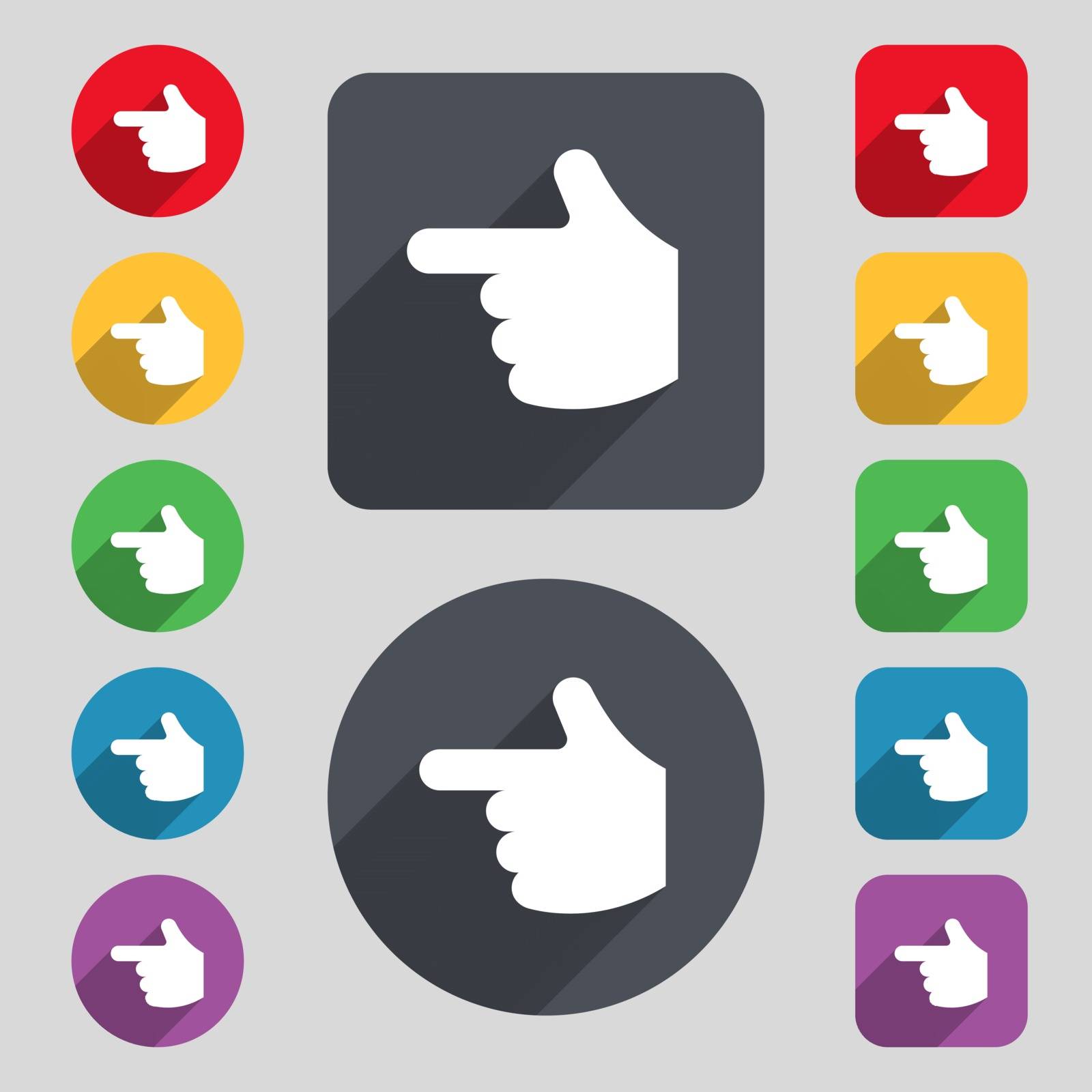 pointing hand icon sign. A set of 12 colored buttons and a long shadow. Flat design. Vector by serhii_lohvyniuk
