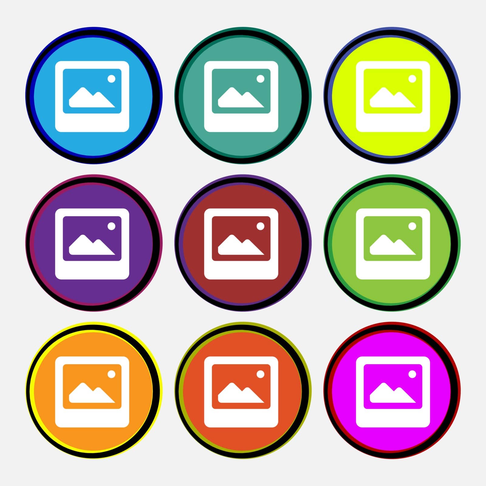 Photo frame template  icon sign. Nine multi-colored round buttons. Vector illustration