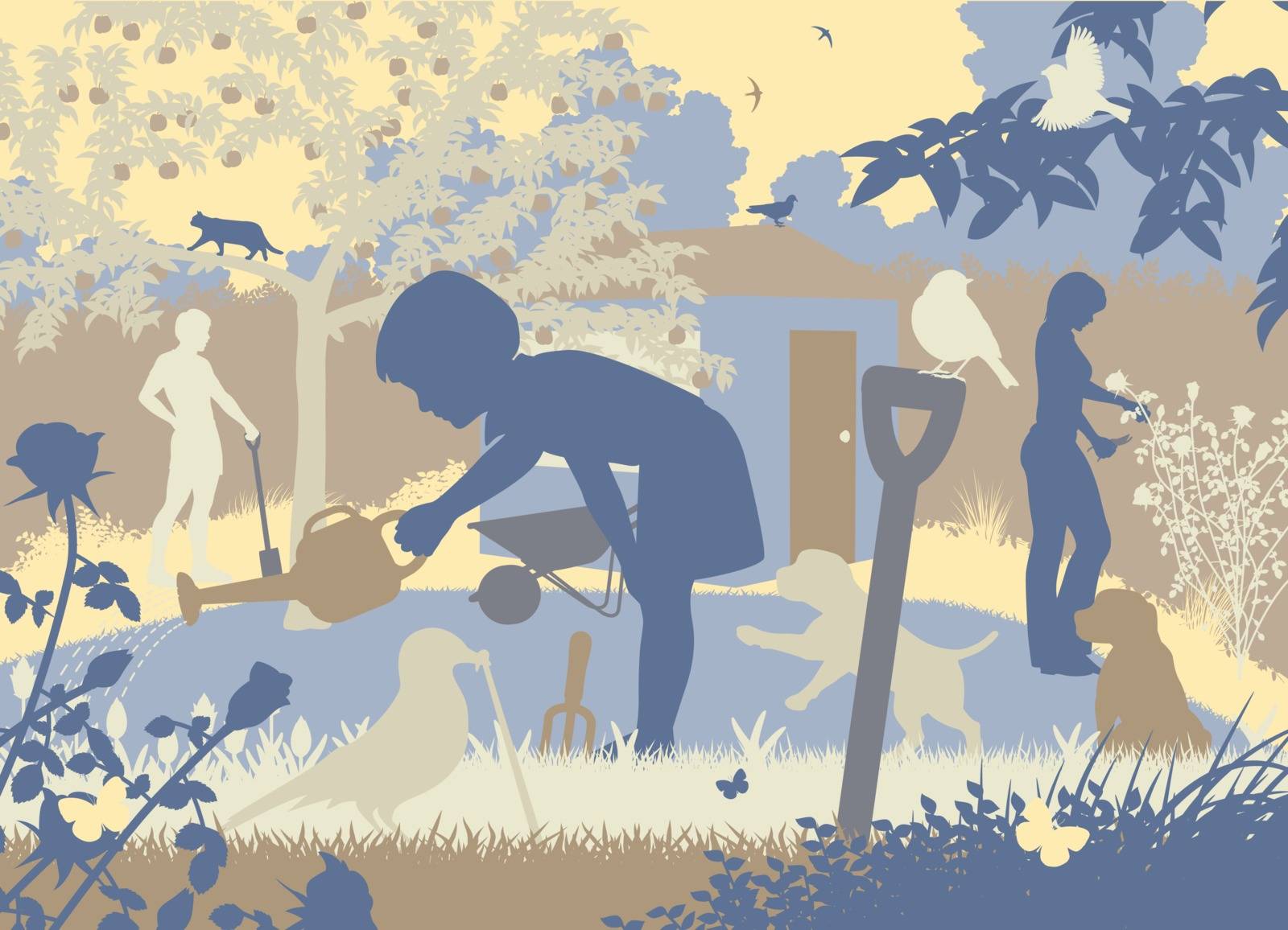EPS8 editable vector cutout illustration of a family gardening with two puppies and wildlife