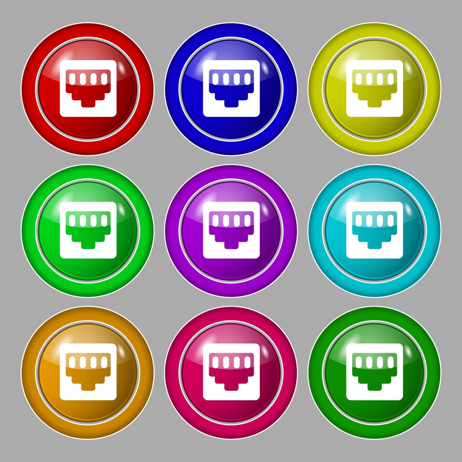 cable rj45, Patch Cord icon sign. symbol on nine round colourful buttons. Vector by serhii_lohvyniuk