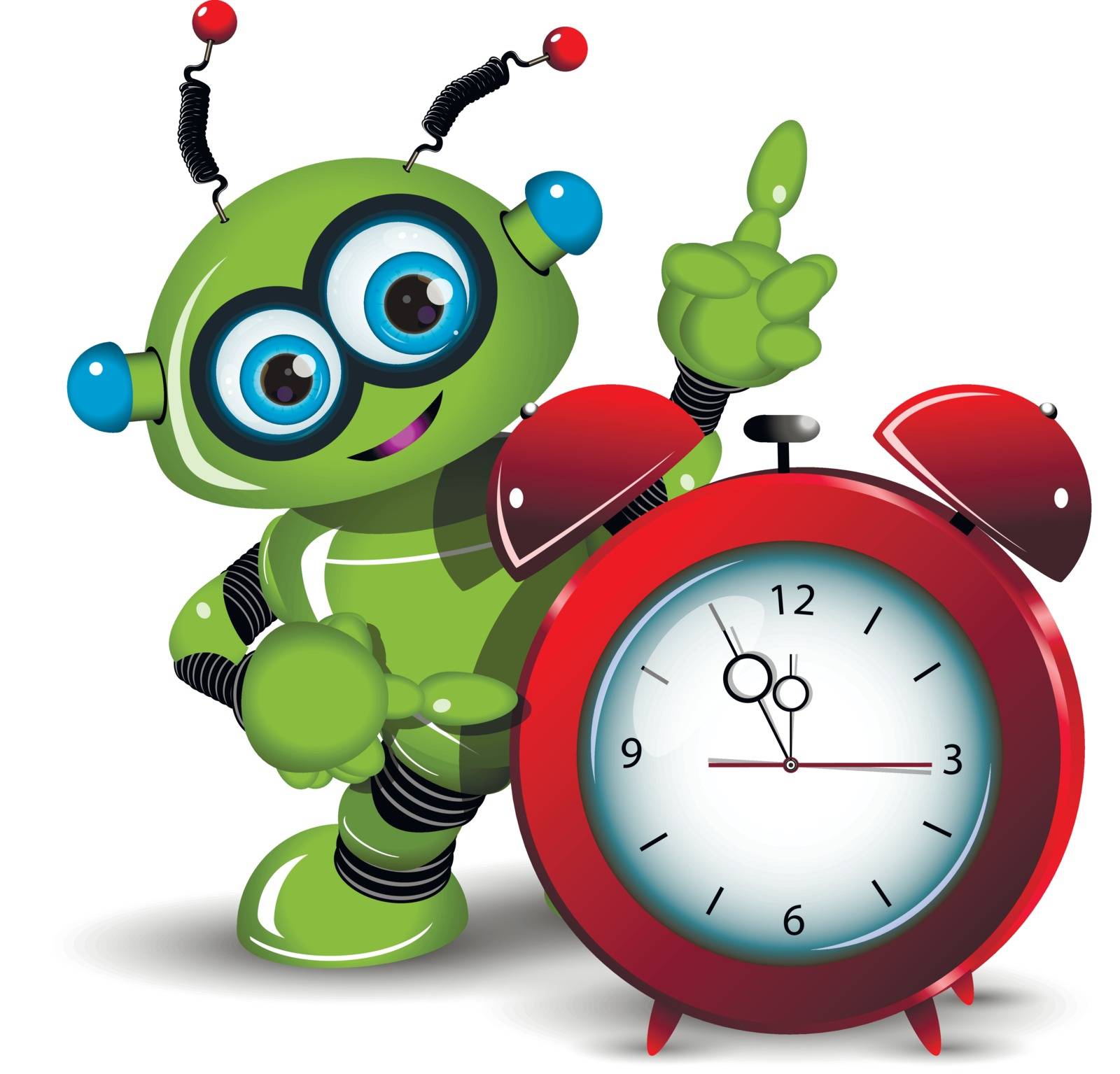 Illustration a green robot and alarm clock