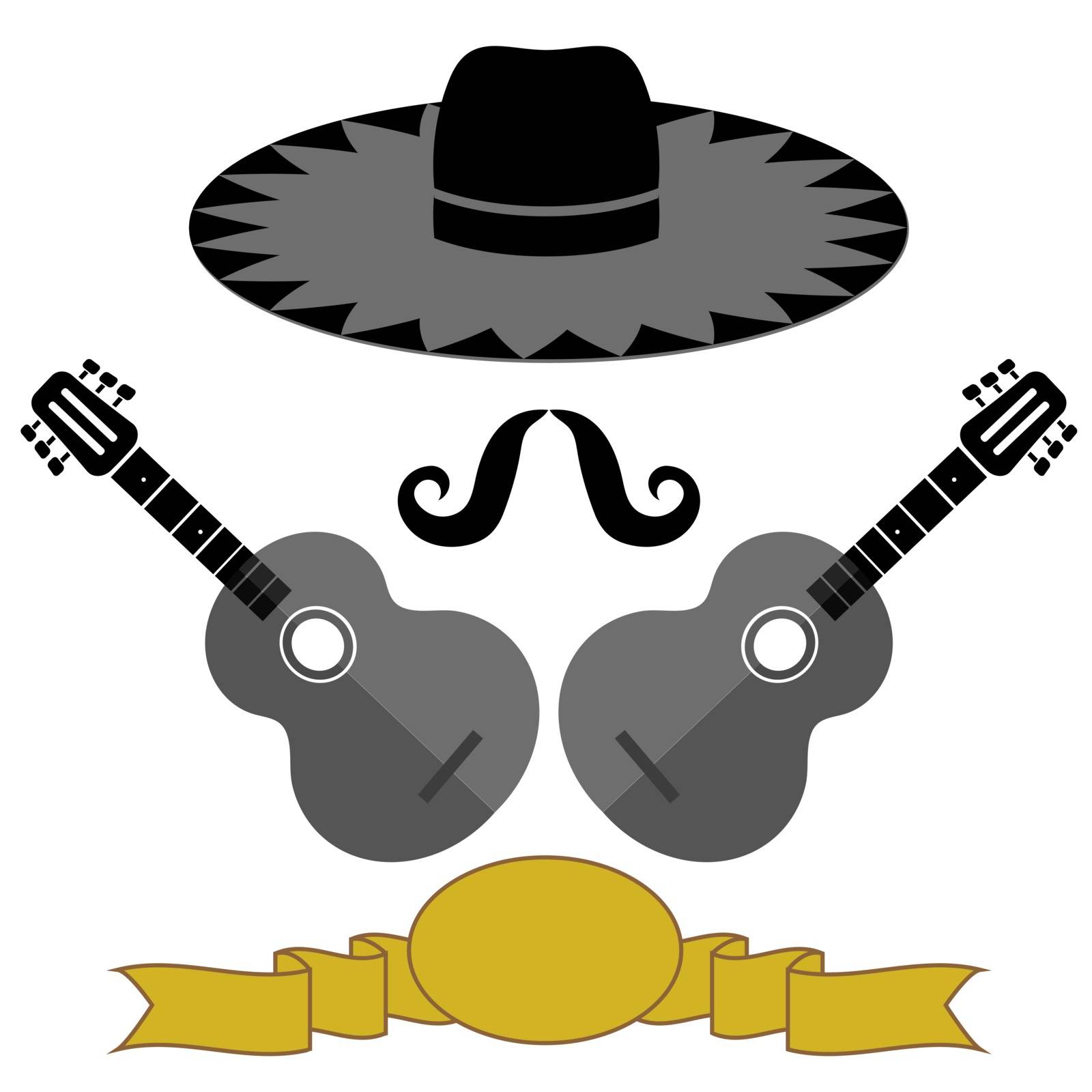 Mexican Guitars Hat Mustache on White Background