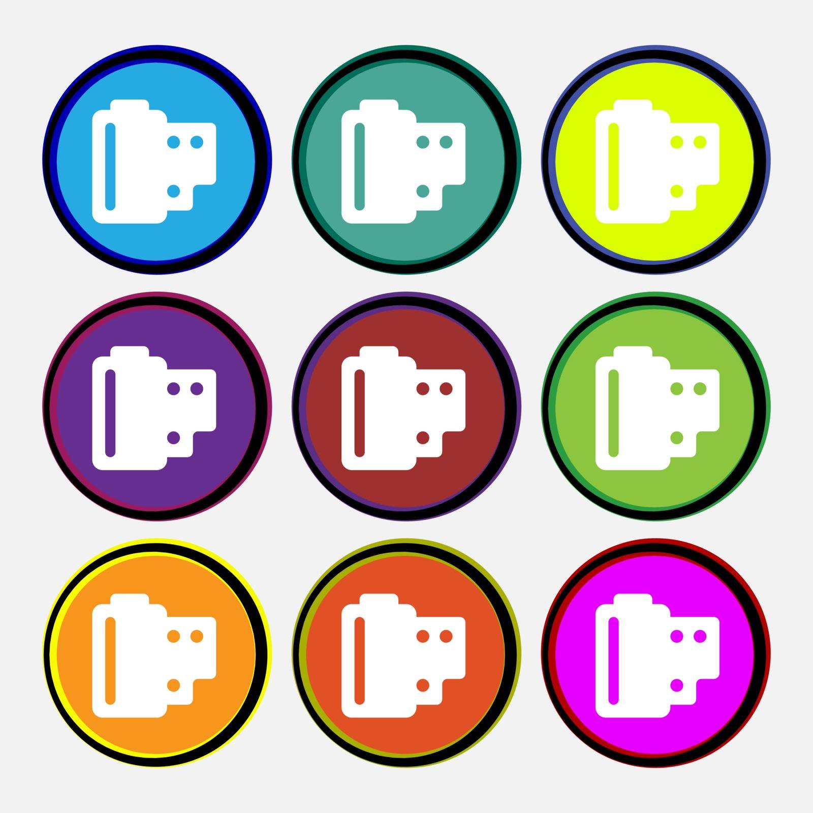 35 mm negative films  icon sign. Nine multi-colored round buttons. Vector illustration