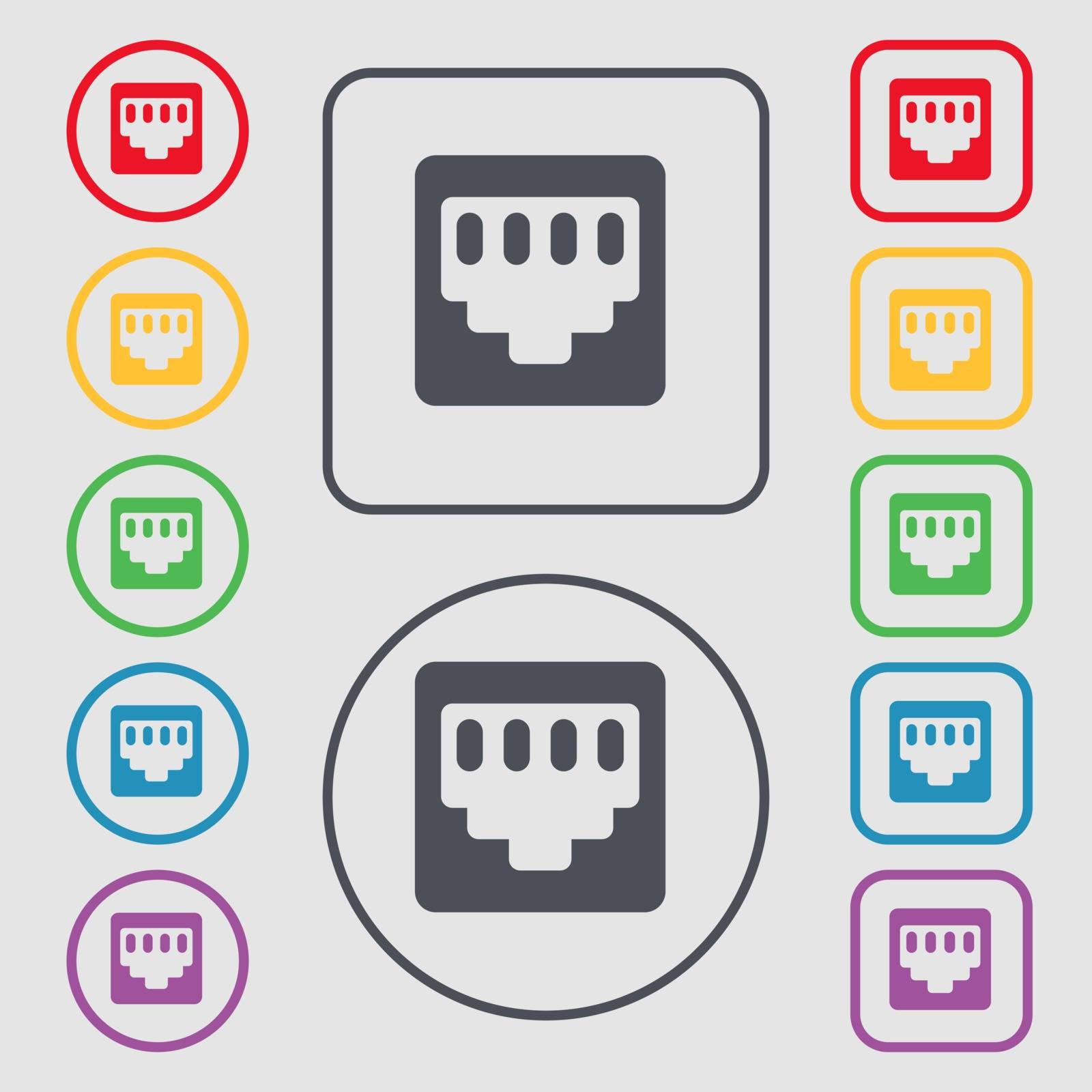 cable rj45, Patch Cord icon sign. symbol on the Round and square buttons with frame. Vector by serhii_lohvyniuk