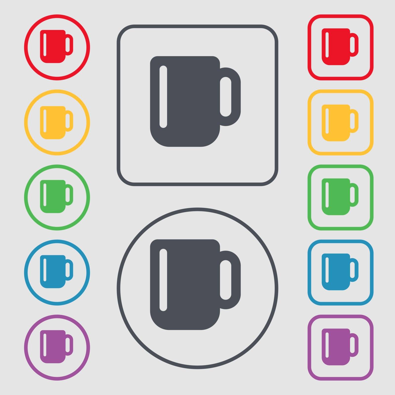 cup coffee or tea icon sign. symbol on the Round and square buttons with frame. Vector illustration