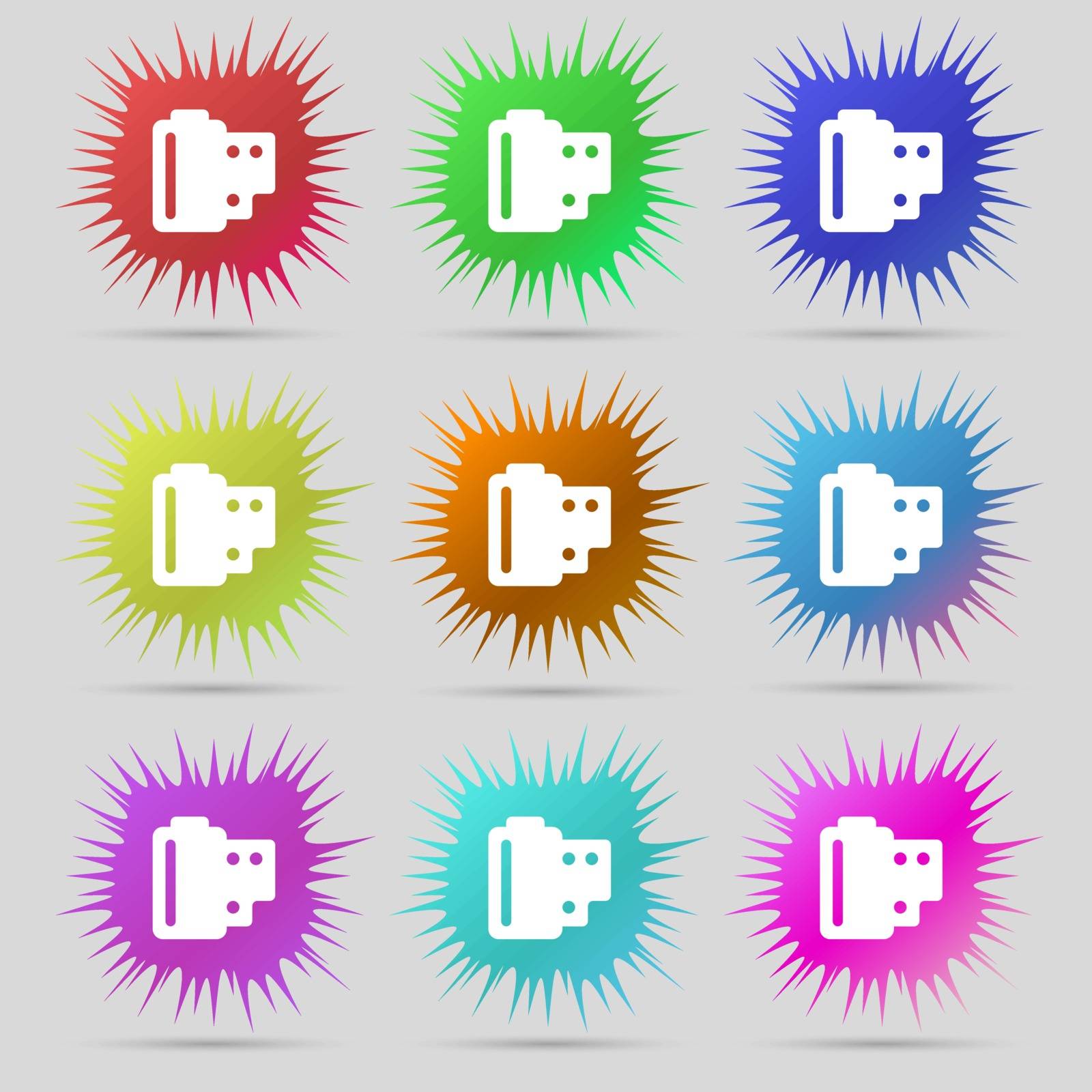 35 mm negative films icon sign. A set of nine original needle buttons. Vector by serhii_lohvyniuk