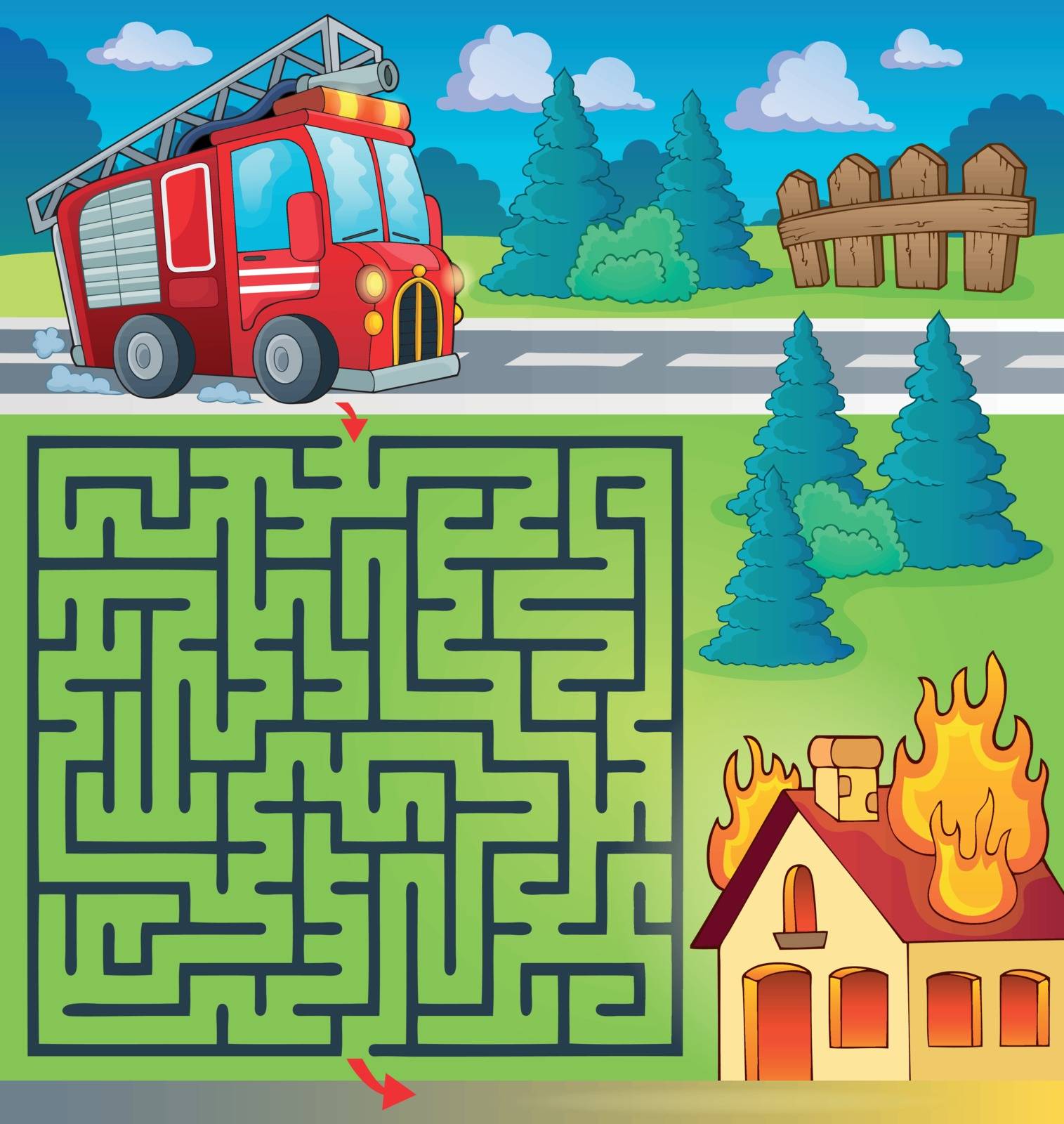 Maze 3 with fire truck theme - eps10 vector illustration.