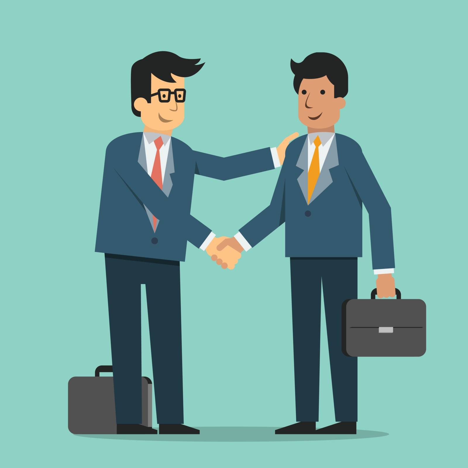 Businessman giving shaking hands and support friend, partner, subordinate or colleague to join business. Trendy flat design.
