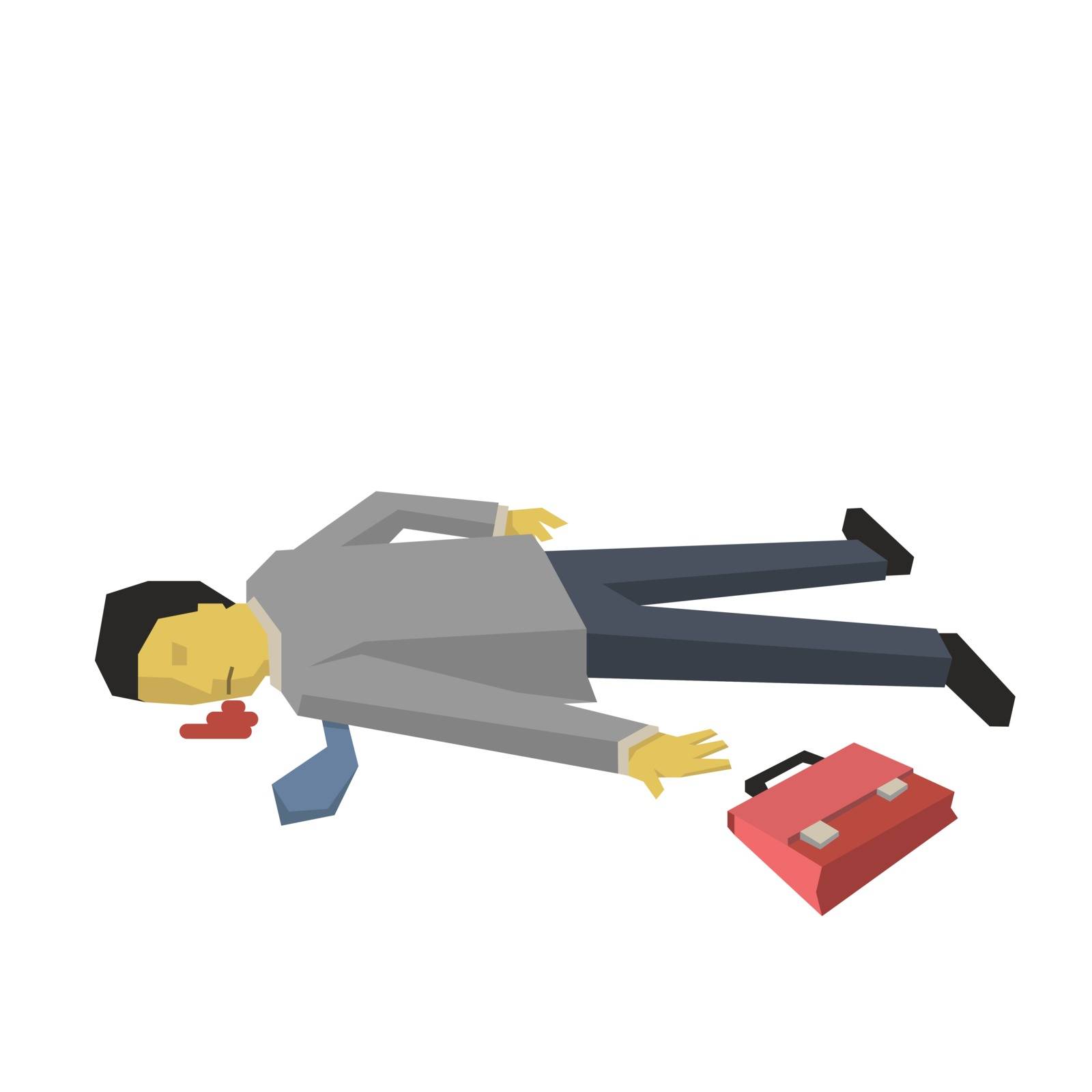 Dead businessman lying down on the ground, isolated on white. 
