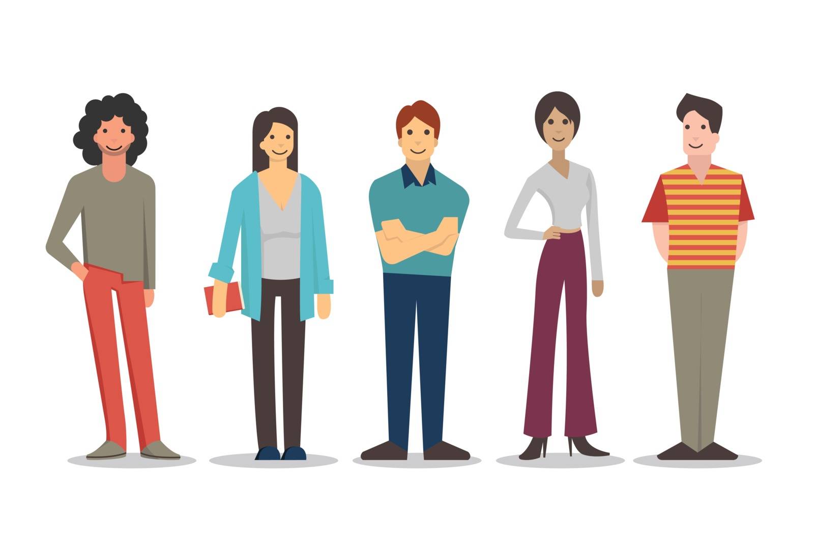 Cartoon characters of young people in various lifestyle, standing and smiling in casual dresses. Flat design, isolated on white. 