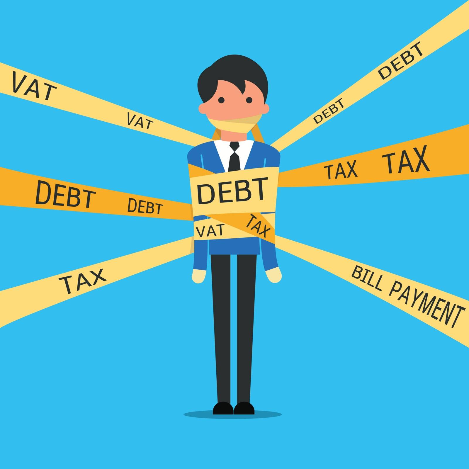 Businessman being wrapped with warning tape strips with text, debt, tax, vat, bill payment, in concept of being trapped with debt. You can change your own text and design. 